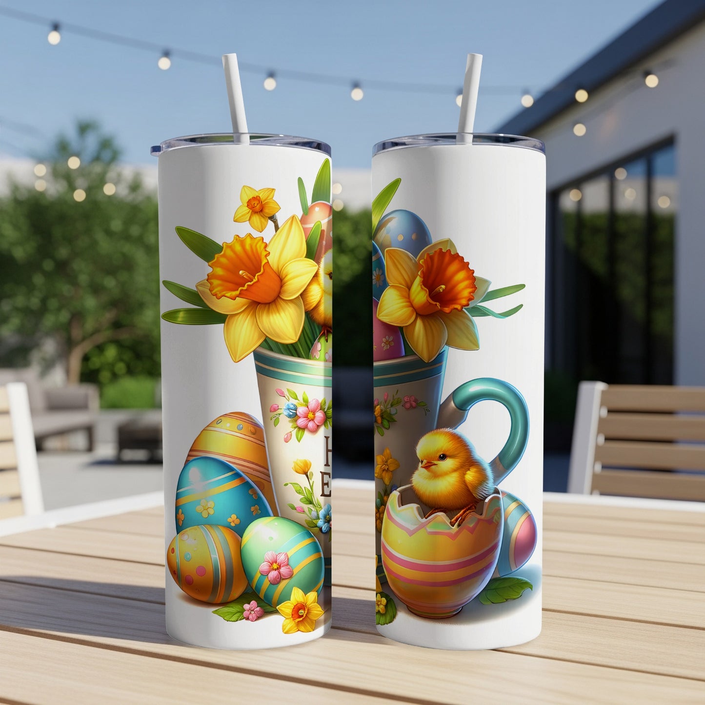 Easter-themed tumblers with daffodils, painted eggs, and a chick in a mug.