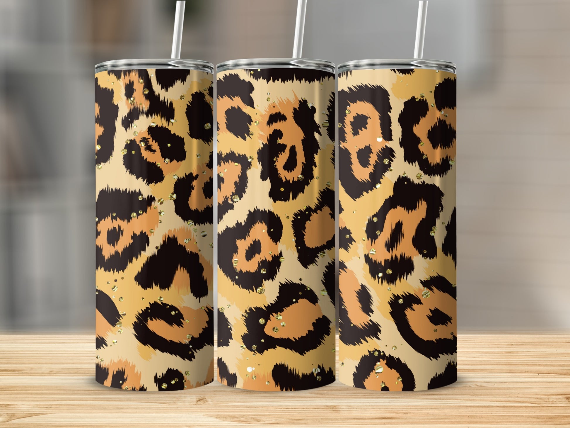 Leopard Print Insulated Tumbler Cups with Lids and Straws