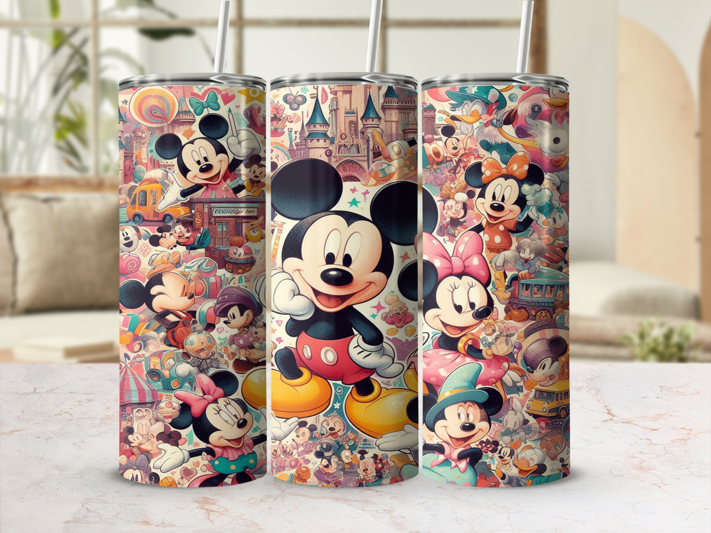 Mickey Mouse characters in colorful cartoon style on a tumbler.