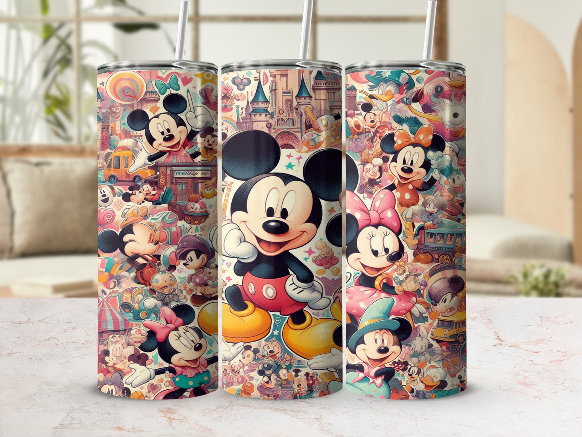 Mickey Mouse characters in colorful cartoon style on a tumbler.