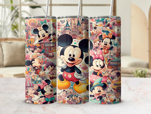 Mickey Mouse characters in colorful cartoon style on a tumbler.