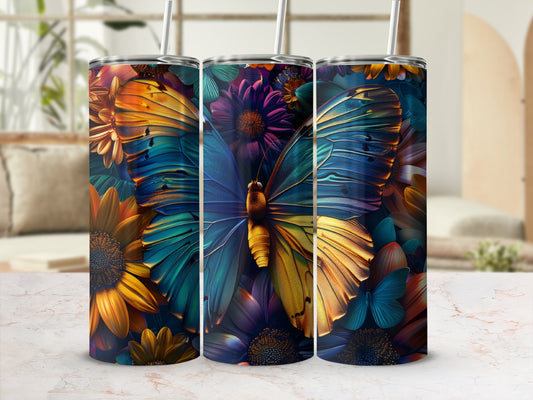 Three tumblers featuring a vibrant butterfly and floral design.