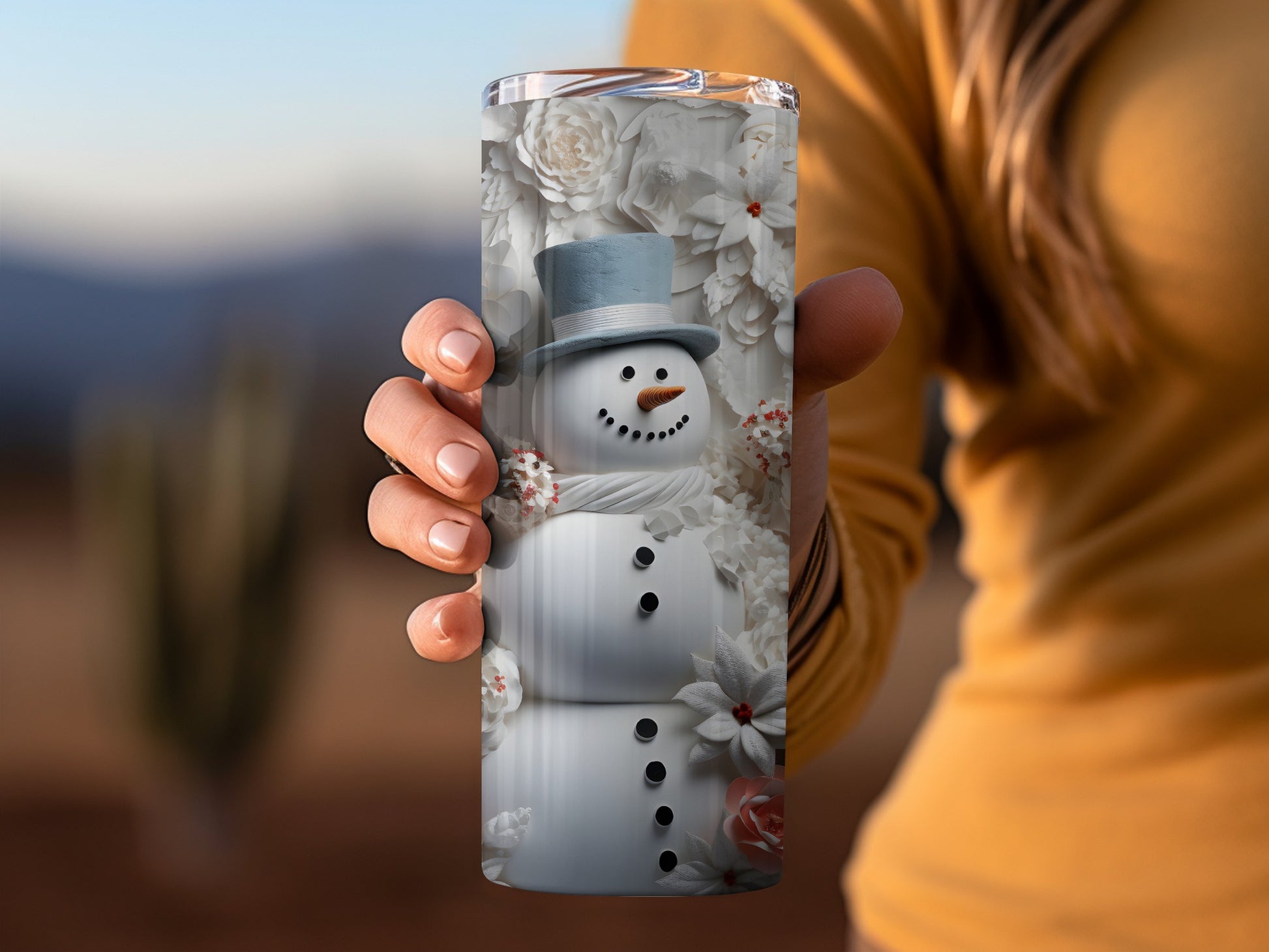 Festive Snowman Winter Theme Tumbler with Floral Design