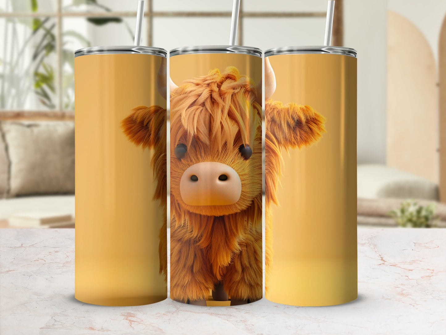 Fuzzy Highland cow illustration on a yellow tumbler with straw.