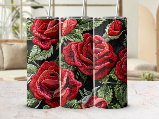 Three tumblers with a close-up embroidered red rose floral pattern.