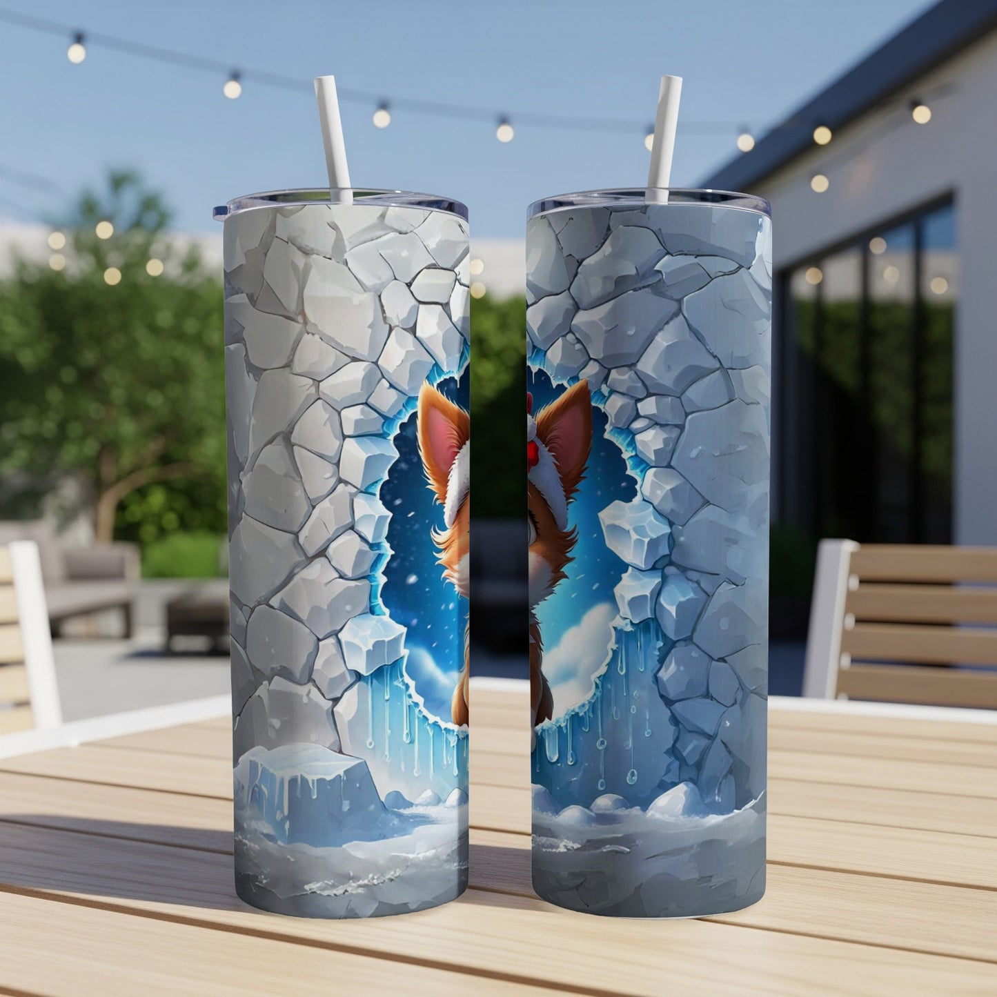 Two tumblers featuring a cartoon fox peeking through a cracked ice wall.