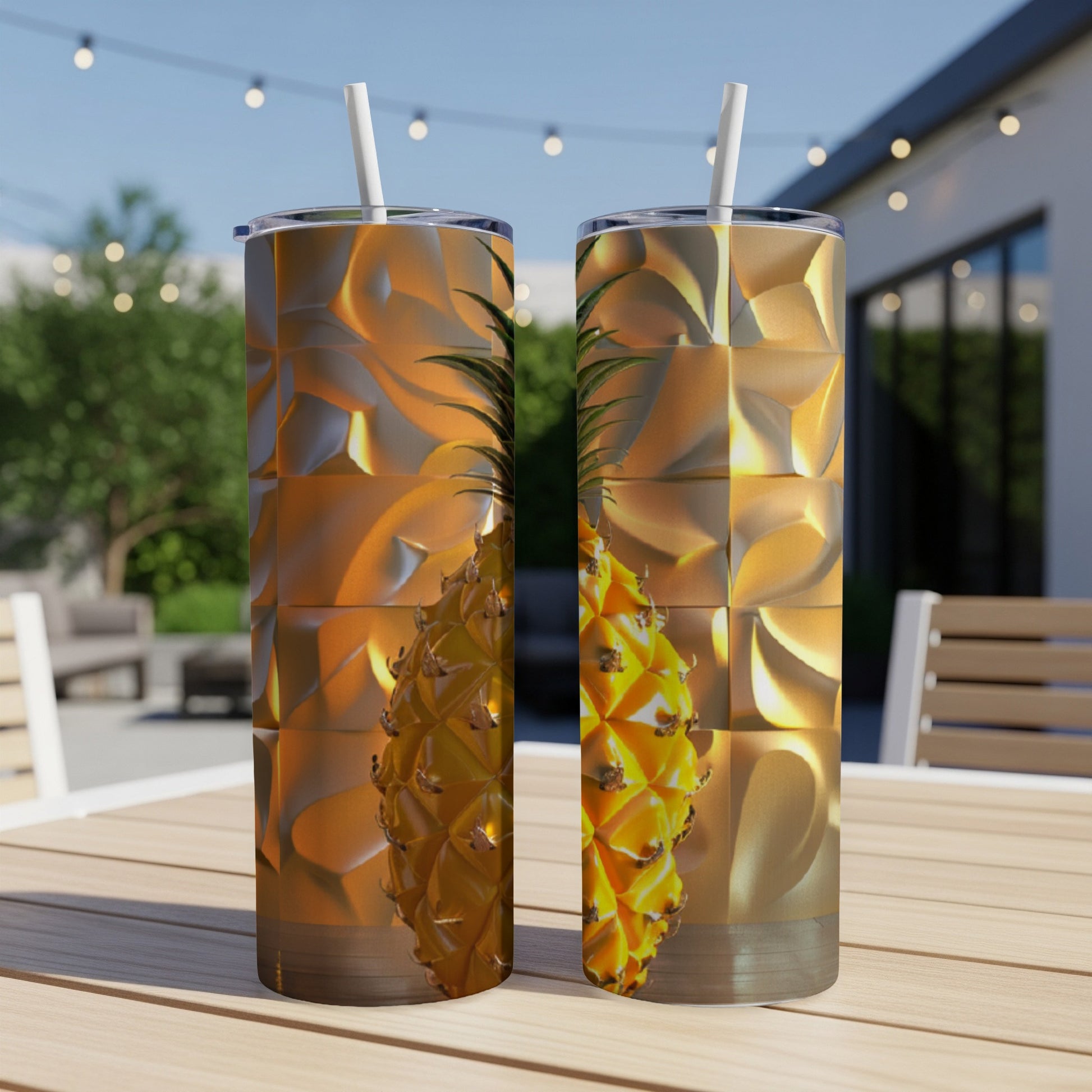 Two tumblers with pineapple pattern and straw, on a table outdoors.