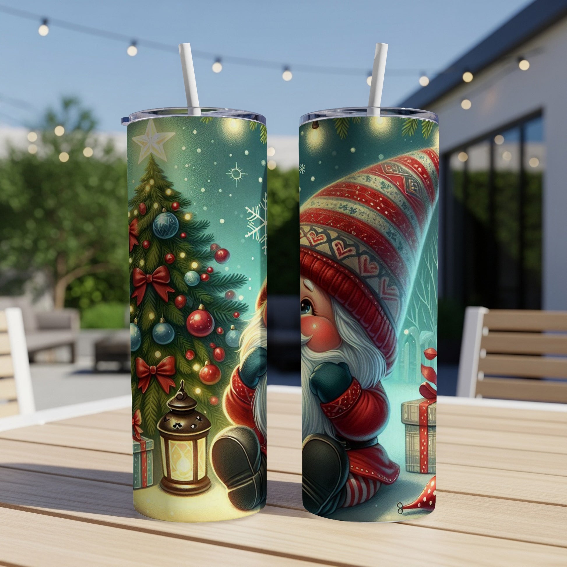 Christmas gnome with presents and decorated tree on two tumblers.