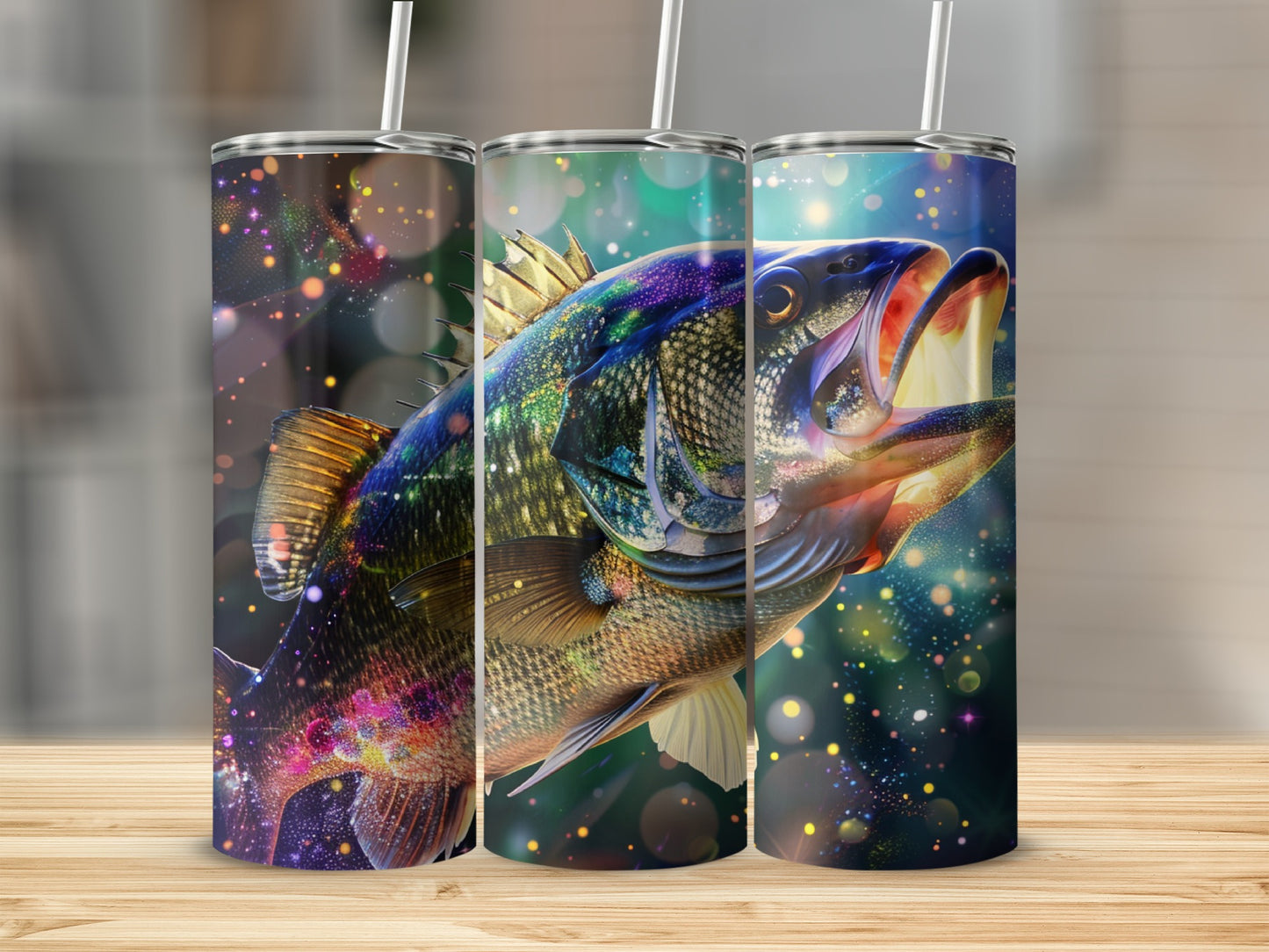Tumbling bass fish with colorful, starry background on three tumblers.