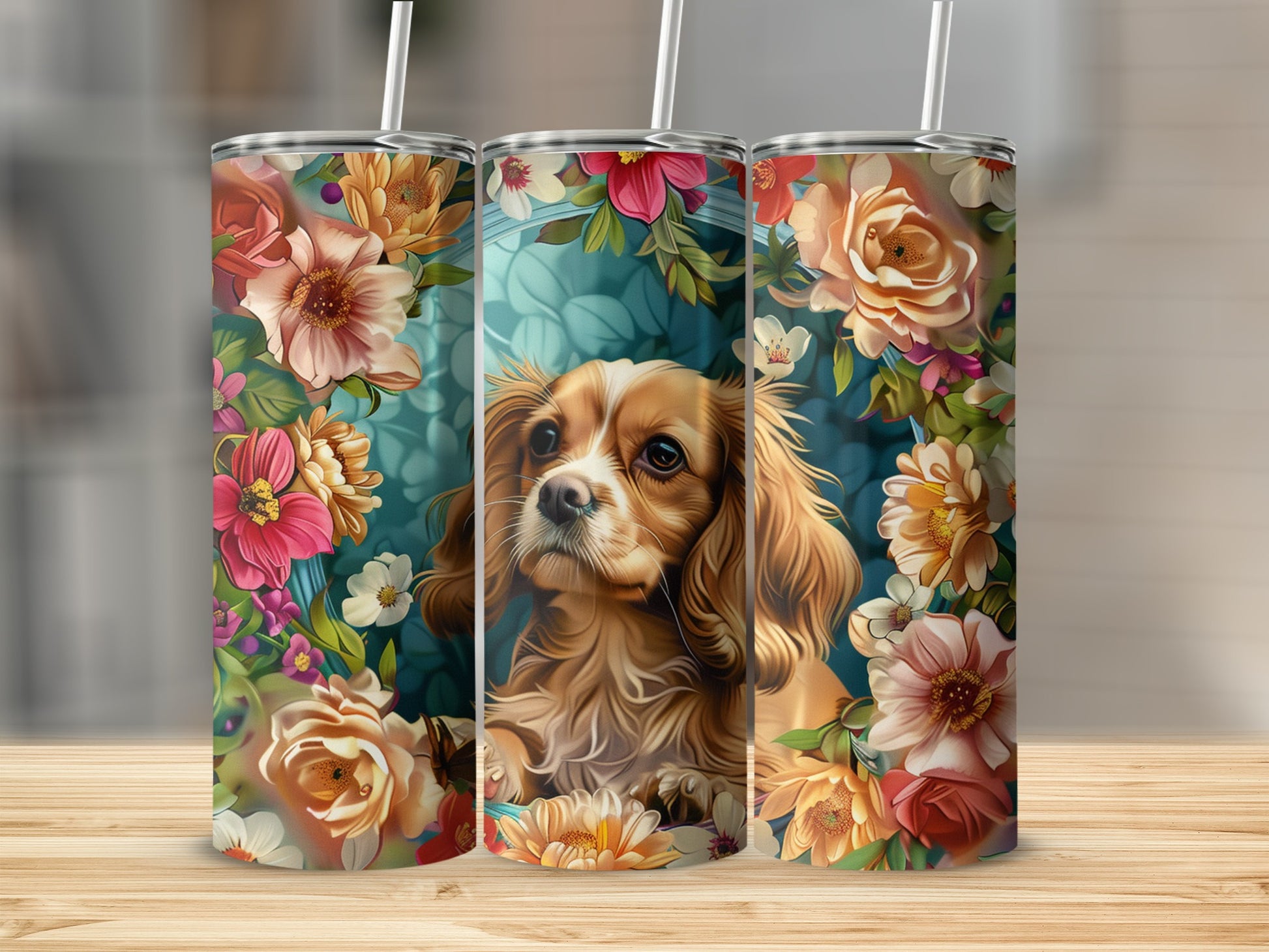 Three tumblers with a Cavalier King Charles Spaniel surrounded by flowers.