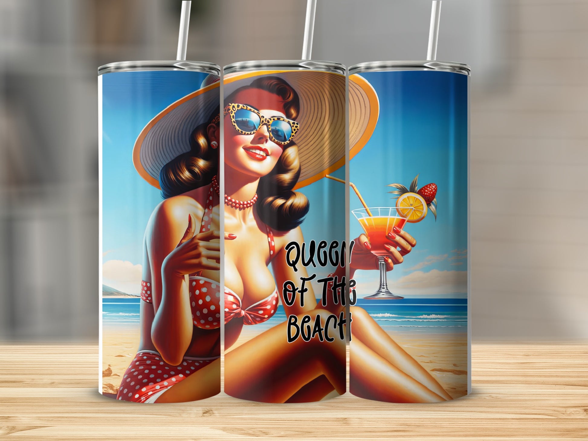 Woman in polka-dot bikini on beach holding cocktail, "Queen of the Beach" text.