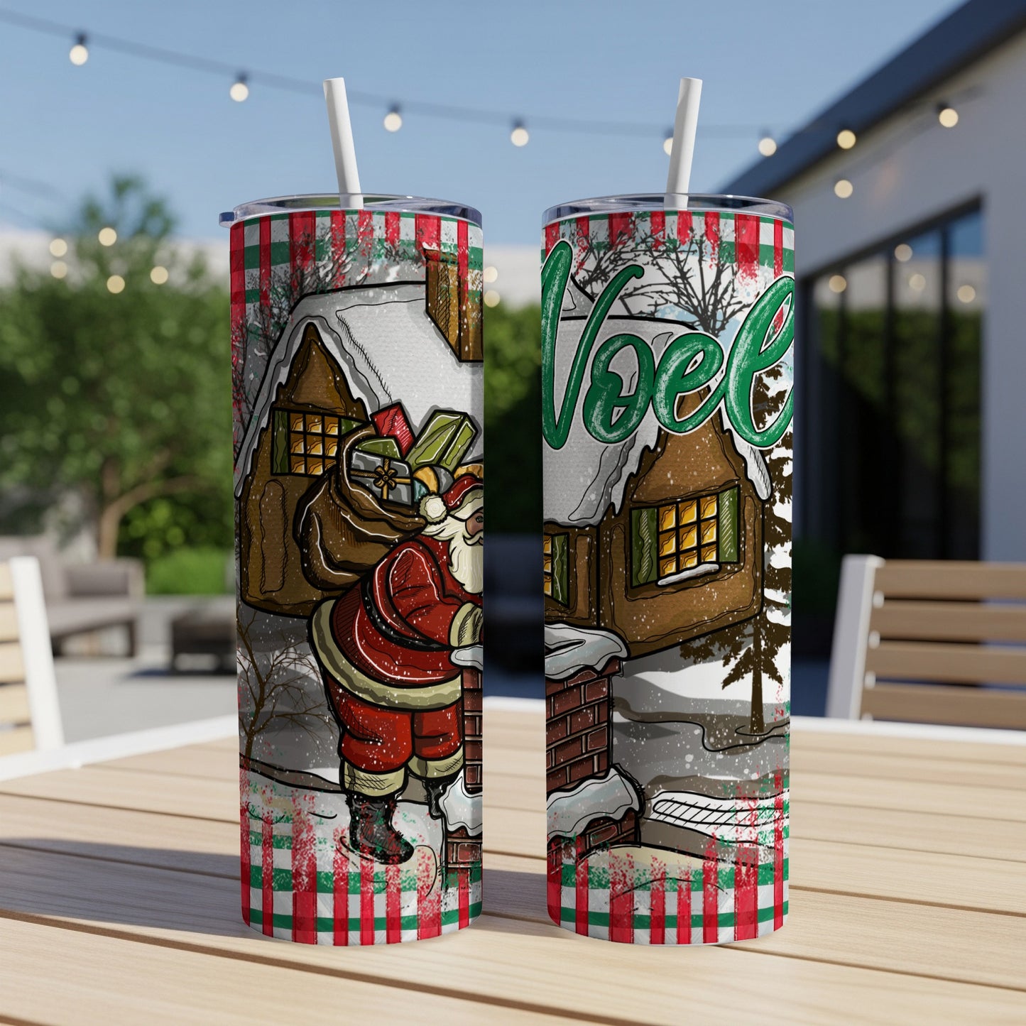 Two Santa Claus tumblers with a Christmas village scene and "Noel" text.