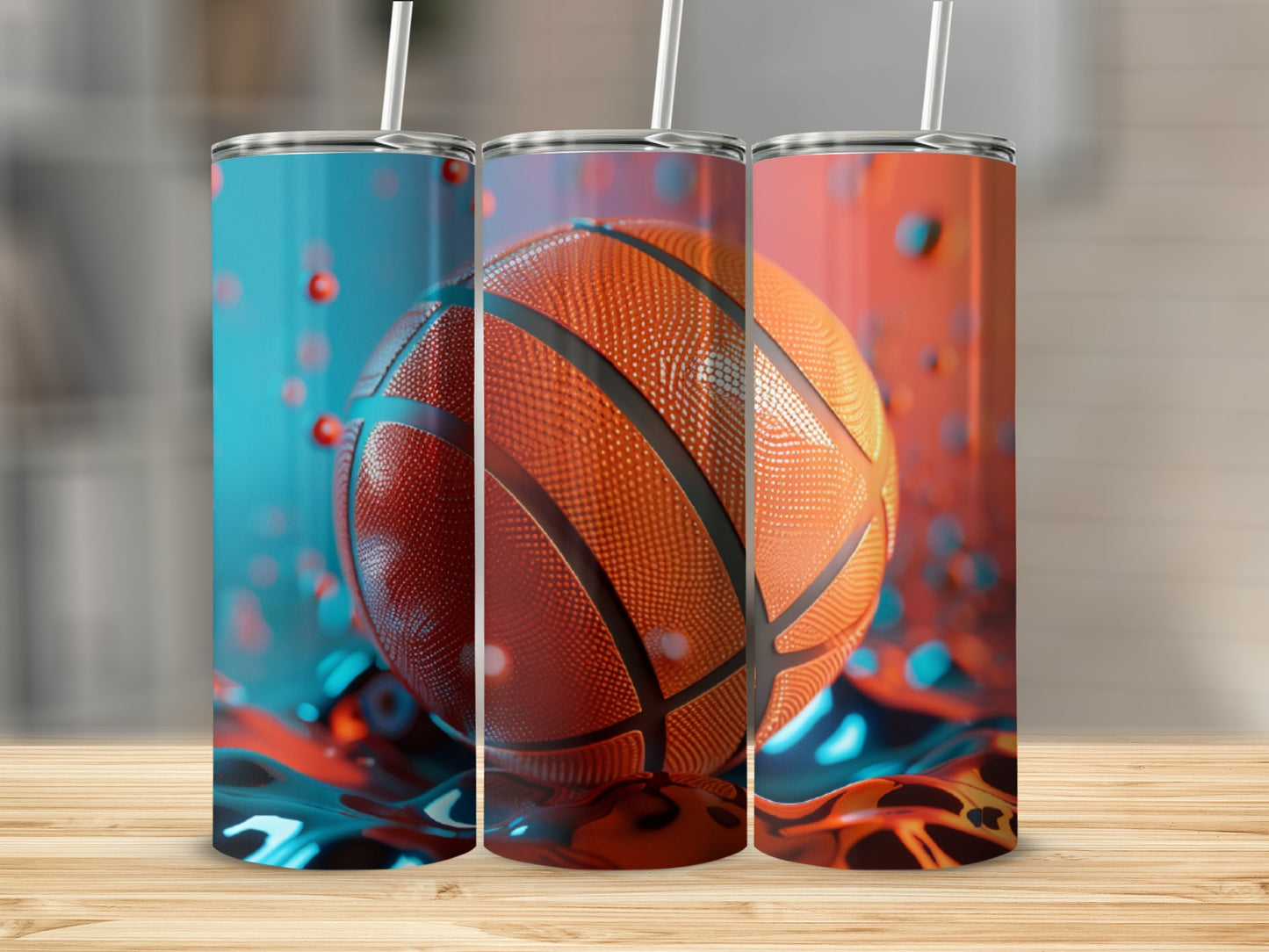 Three tumblers with basketball designs, showing water splashes and bokeh lights.