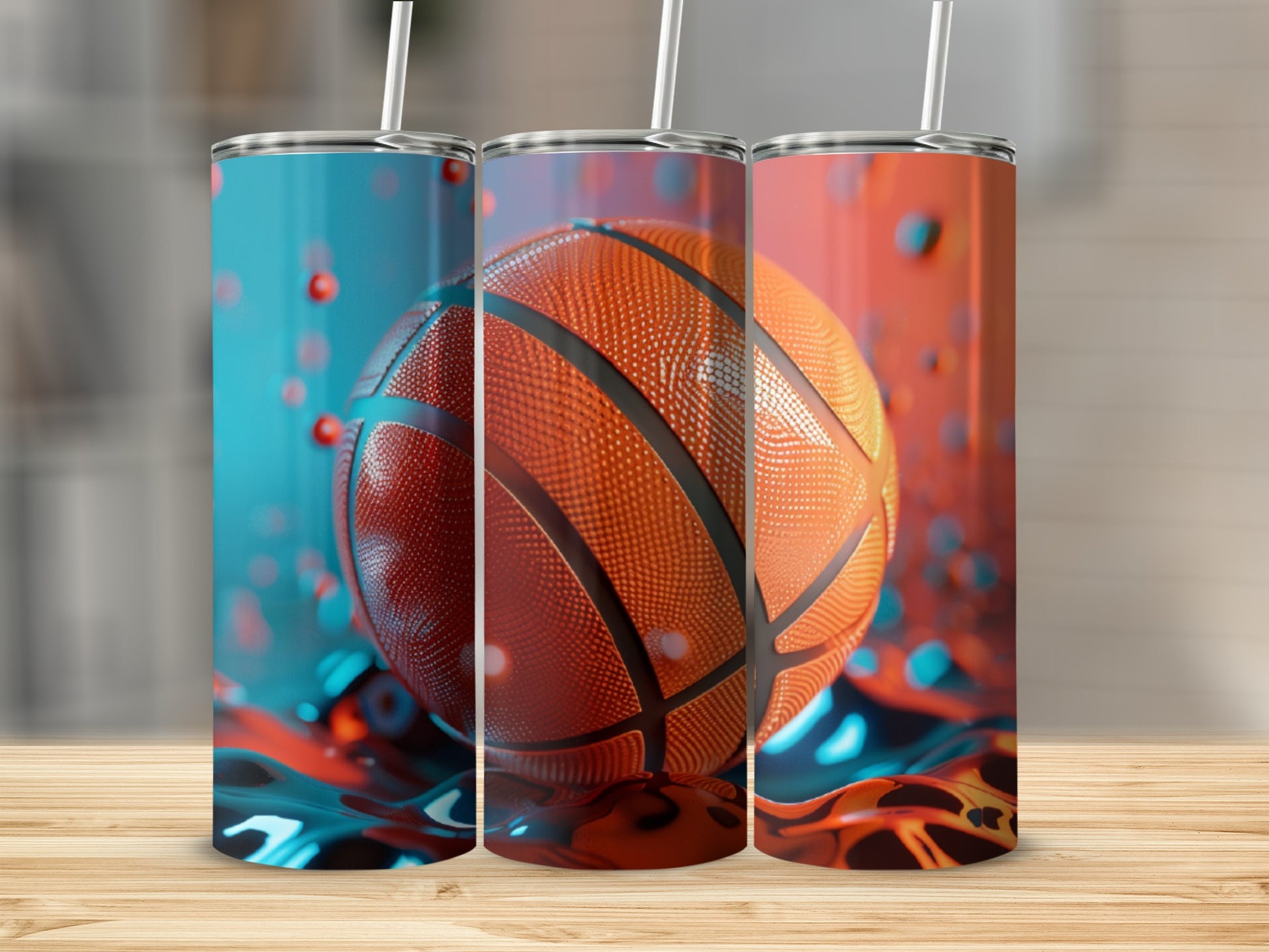 Three tumblers with basketball designs, showing water splashes and bokeh lights.
