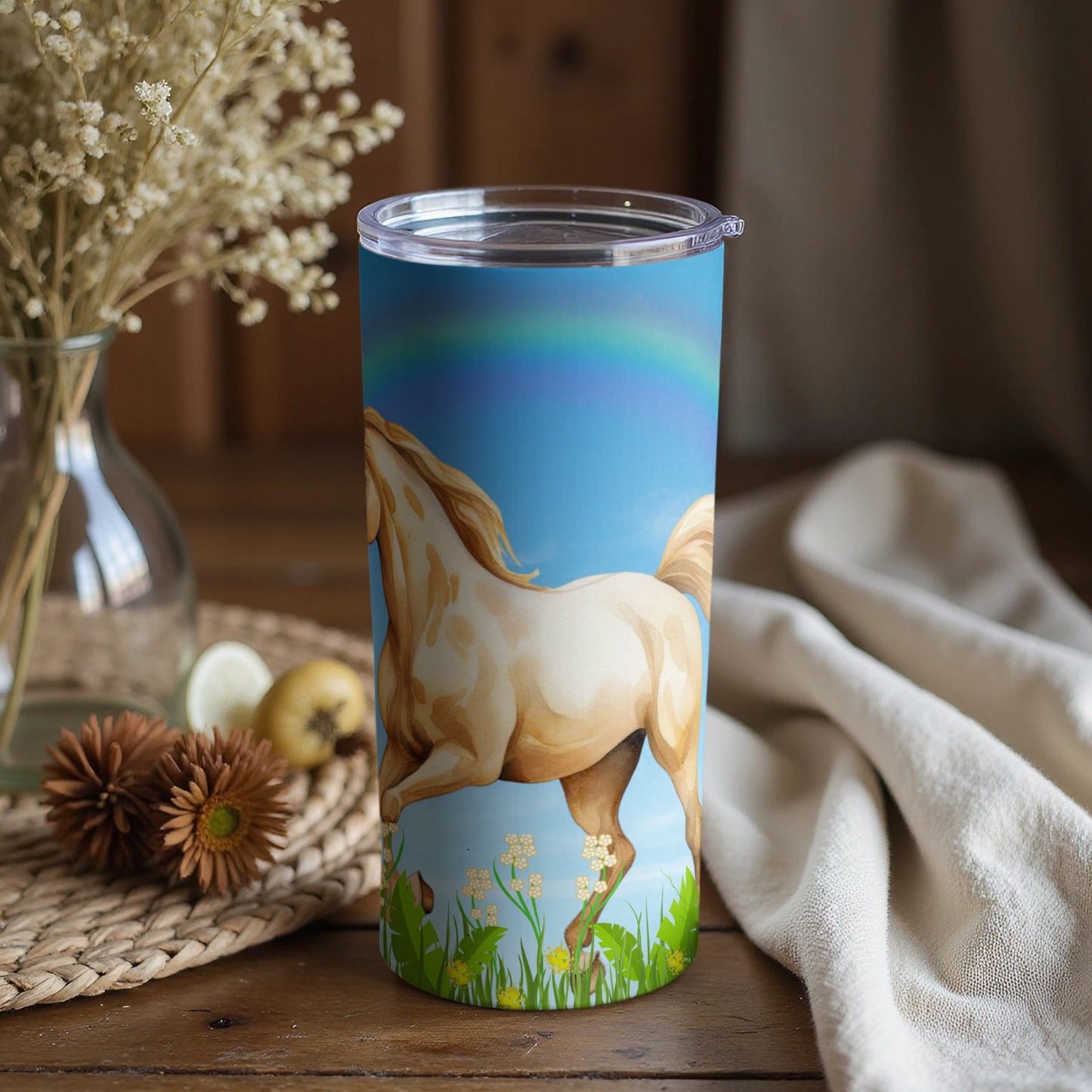 Tumbler with Beautiful Horse and Rainbow Illustration