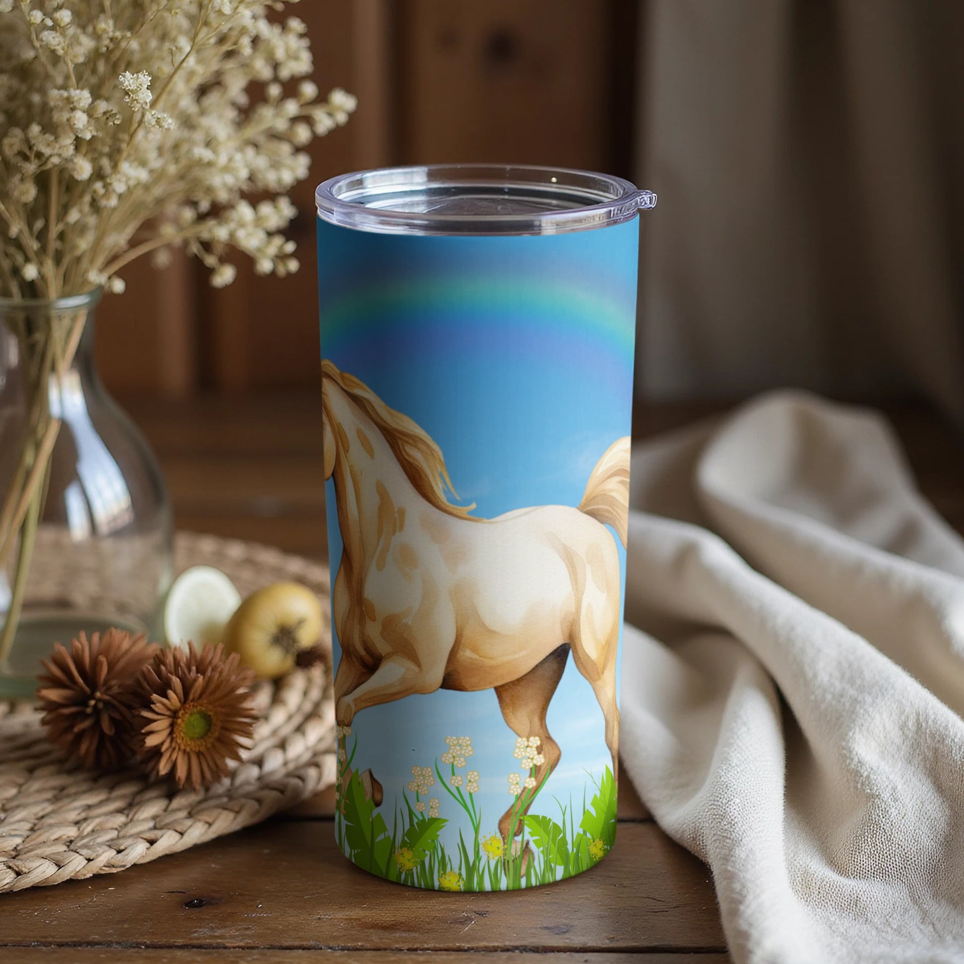 Tumbler with Beautiful Horse and Rainbow Illustration