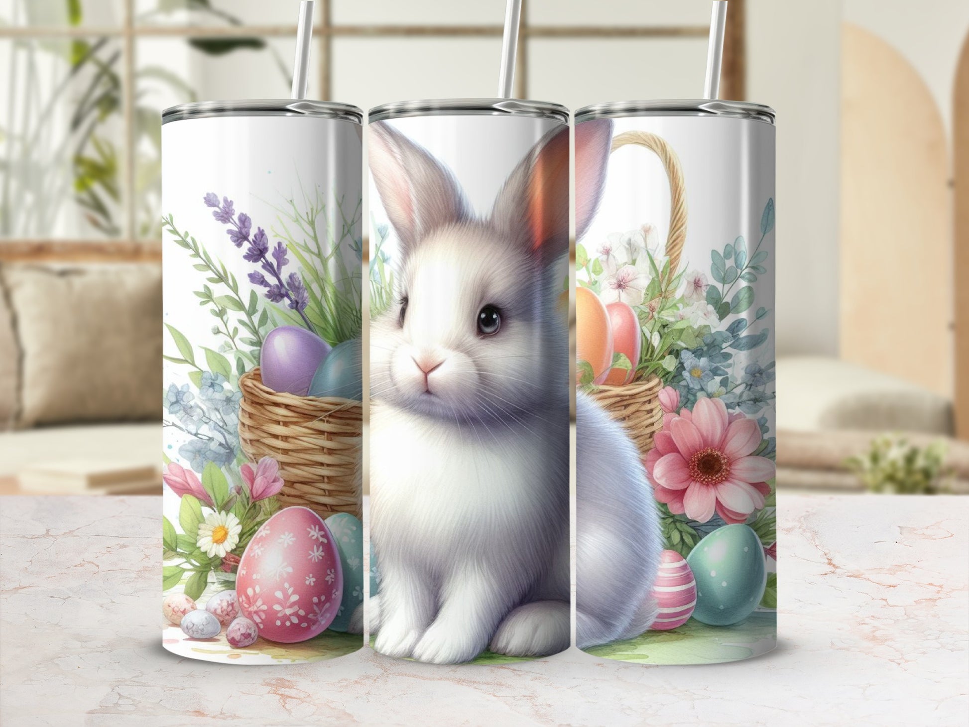 White bunny sits between Easter eggs and flowers, with baskets.