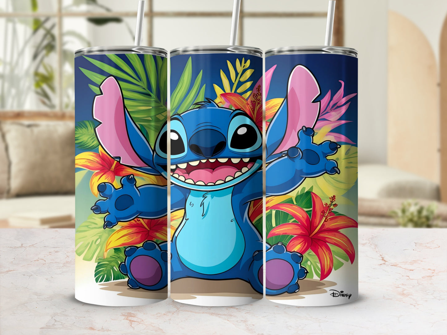 Stitch with colorful flowers and palm leaves, Disney logo.