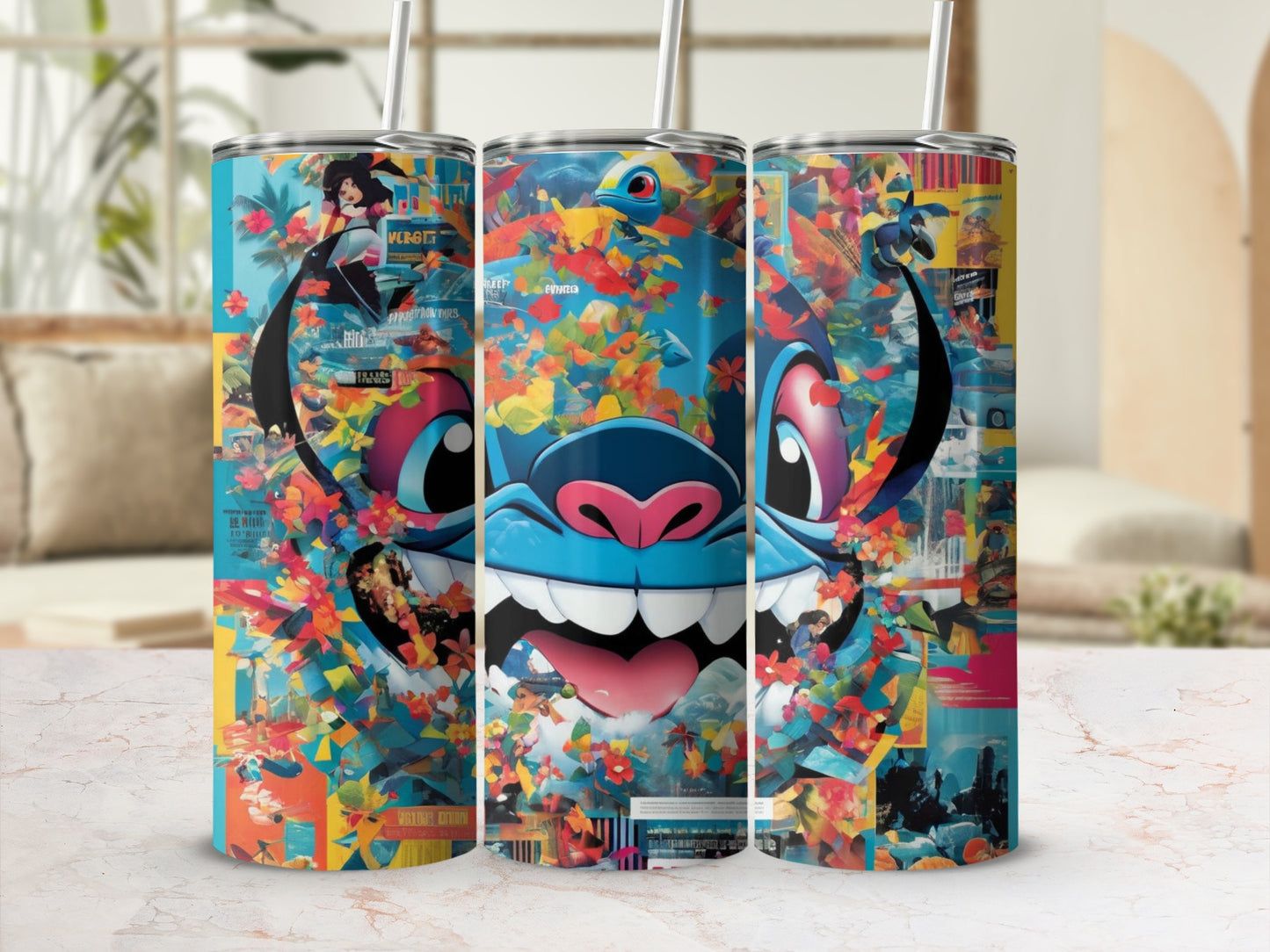 Triptych of Stitch from Lilo & Stitch on a colorful, abstract background.