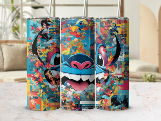 Triptych of Stitch from Lilo & Stitch on a colorful, abstract background.