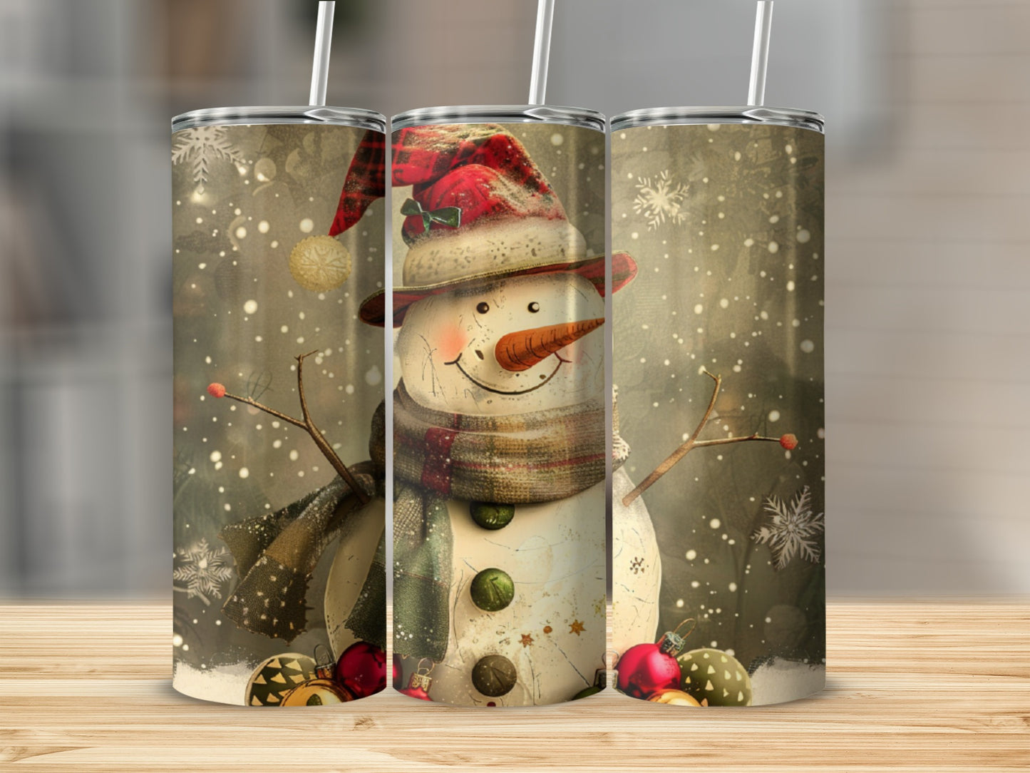 Snowman with Santa hat and scarf, surrounded by festive ornaments.