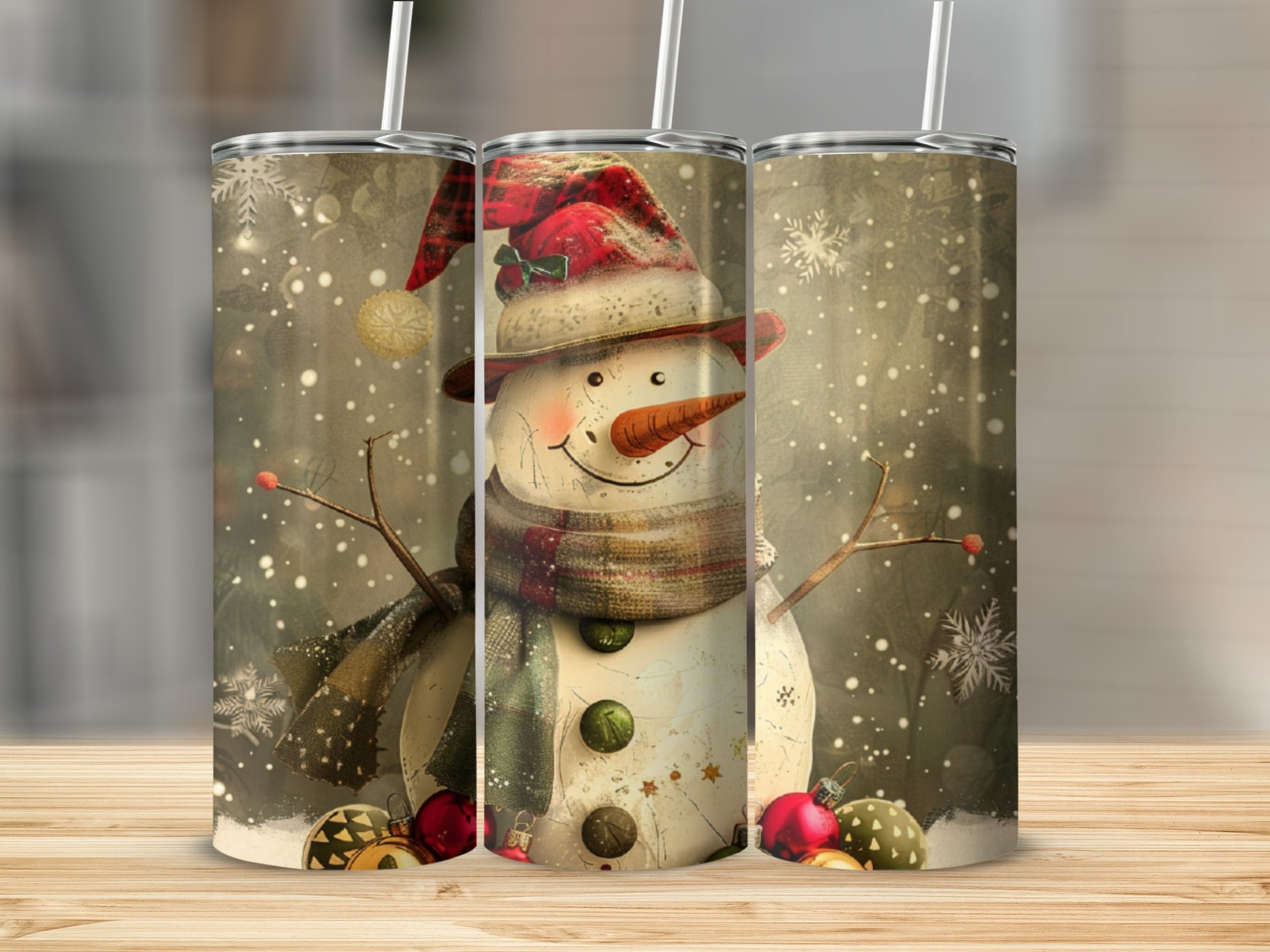 Snowman with Santa hat and scarf, surrounded by festive ornaments.