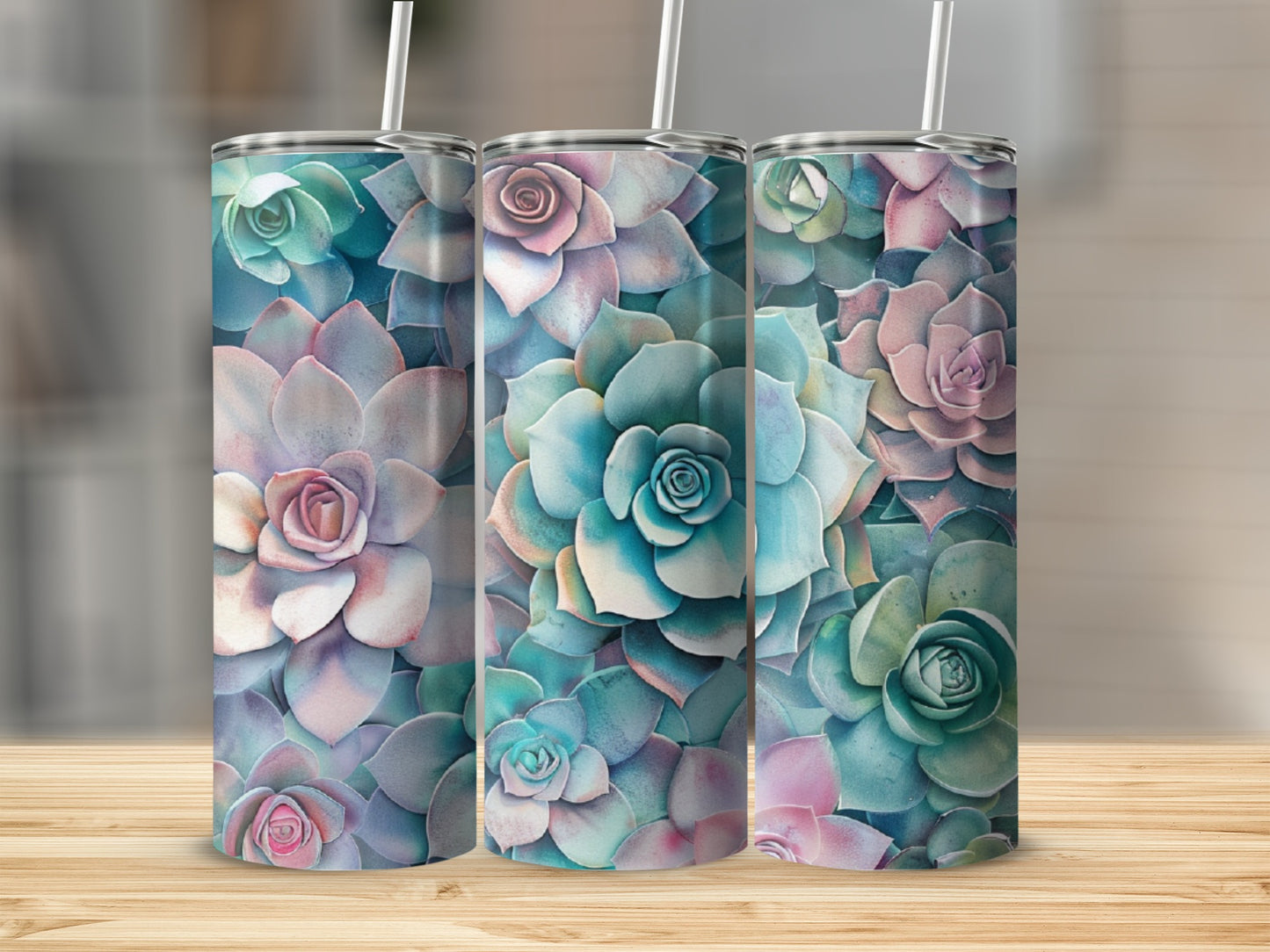 Three tumblers with a close-up watercolor succulent pattern.
