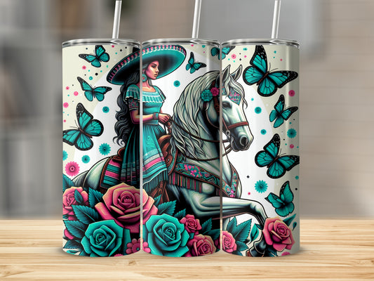 Woman in Mexican dress riding horse, surrounded by butterflies and roses.