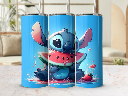 Stitch character eating watermelon on a tumbler.