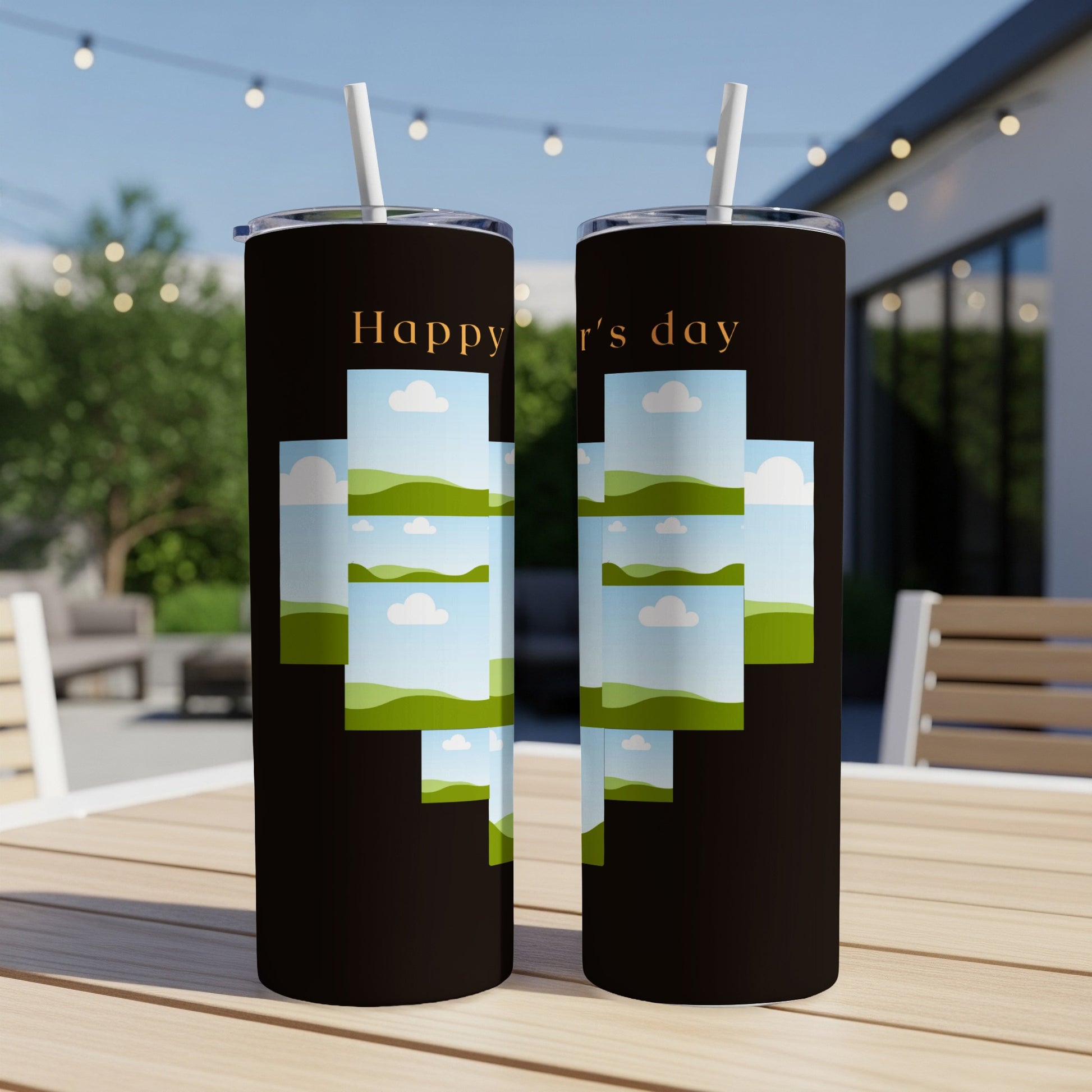 Two black tumblers with "Happy Father's Day" text and photo collage.