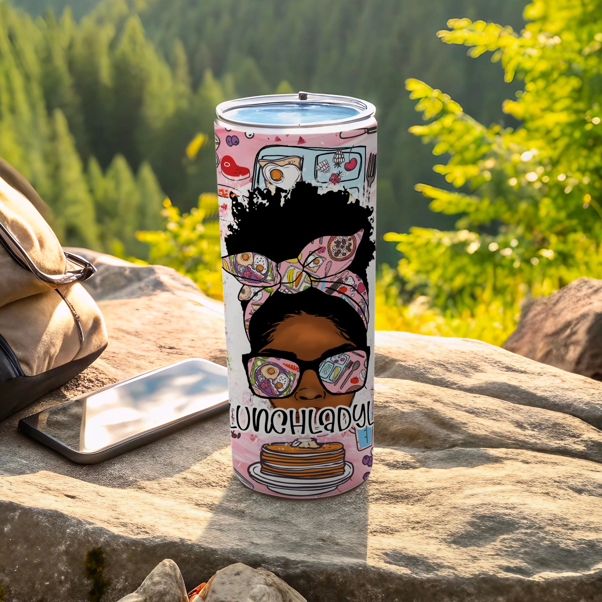 Tumbler with breakfast food pattern and "Lunchlady" text.