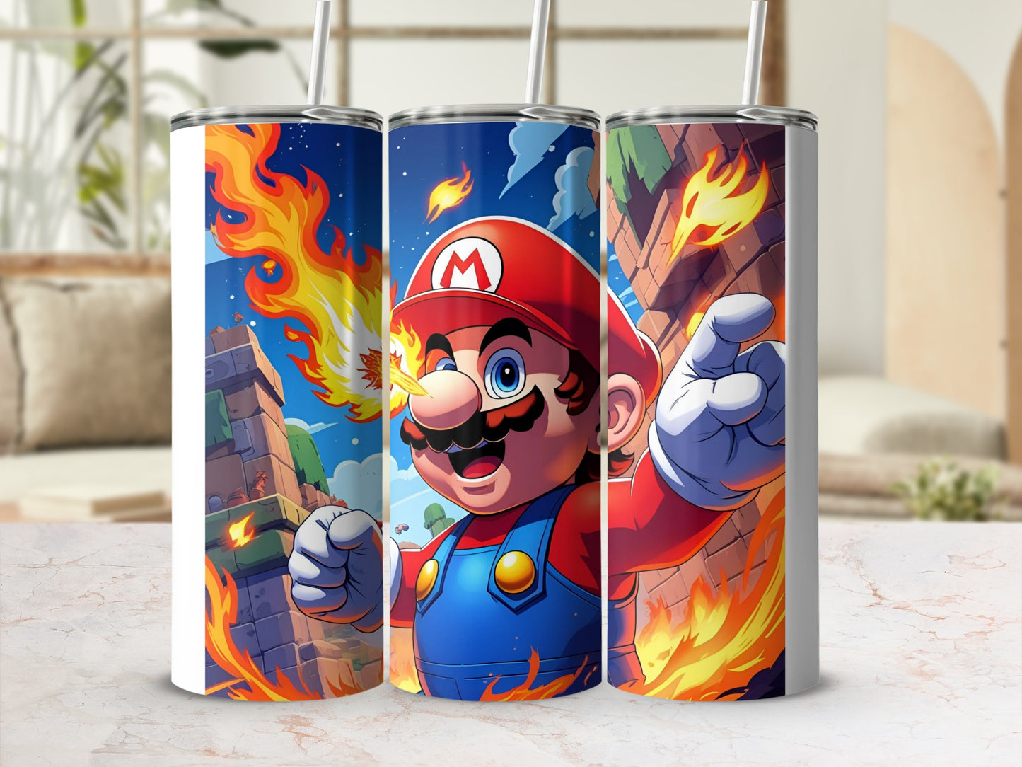 Mario in action, surrounded by fire, holding out his hand.
