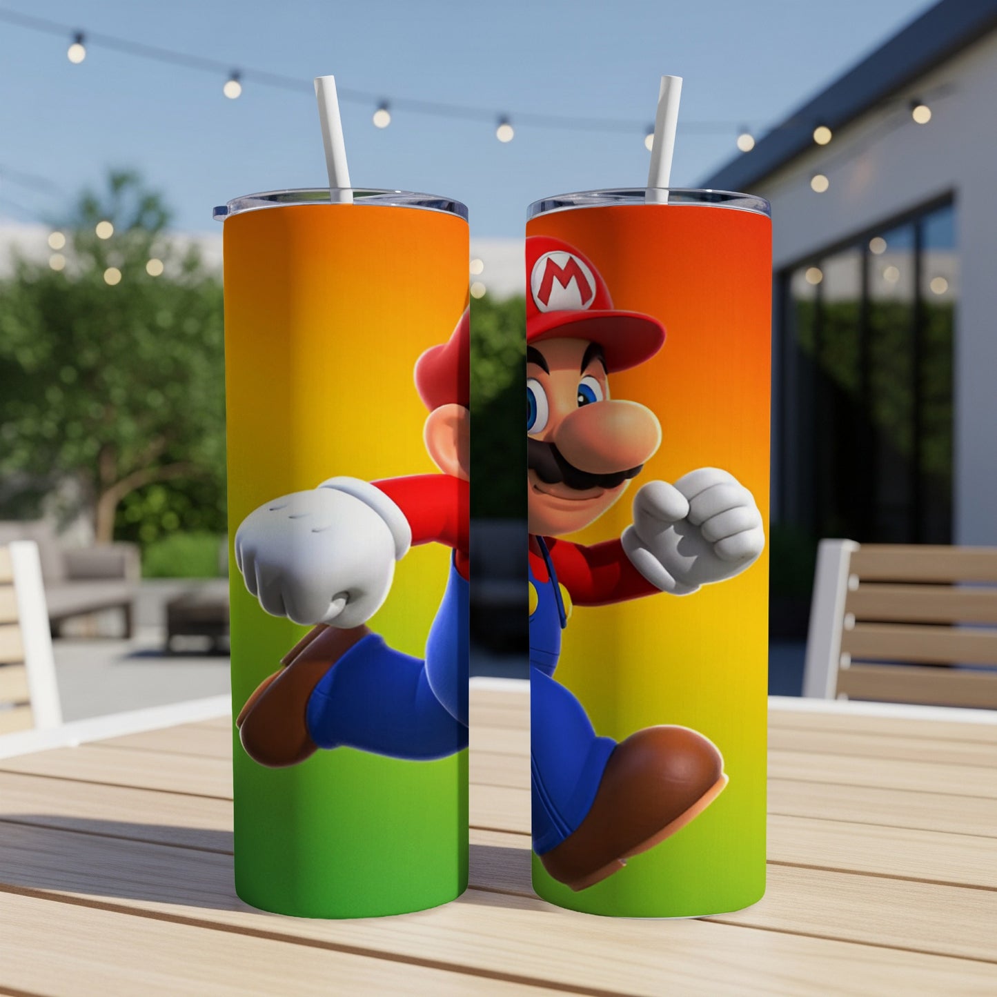 Mario in a running pose against a vibrant orange and green gradient background.