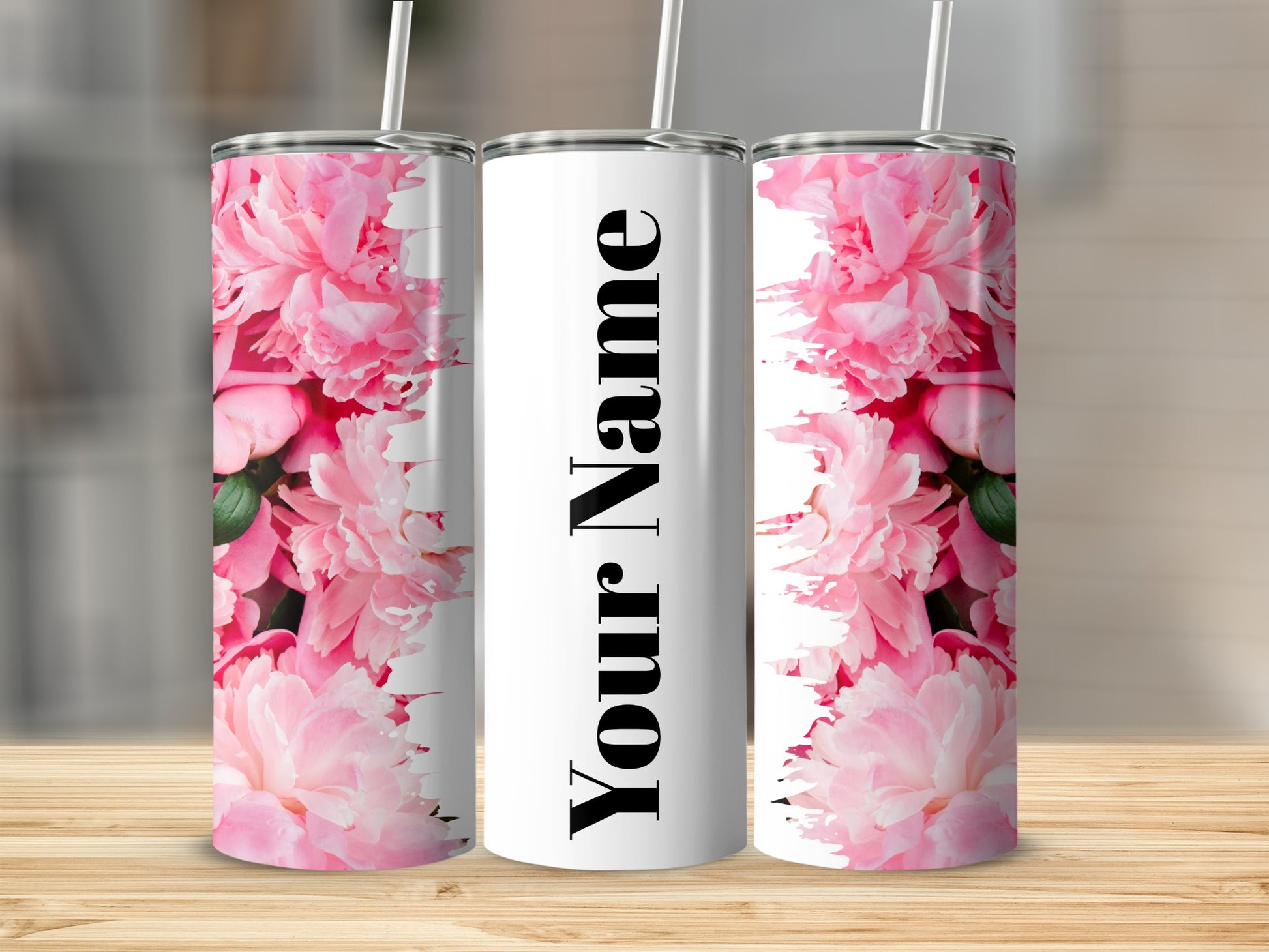 Customizable Floral Pink and White Tumbler with Straw