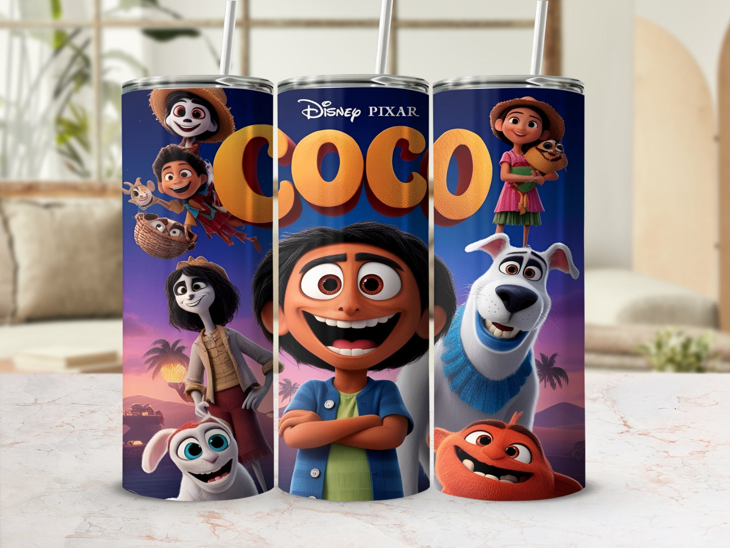 Disney Coco movie characters on a tumbler with straw.