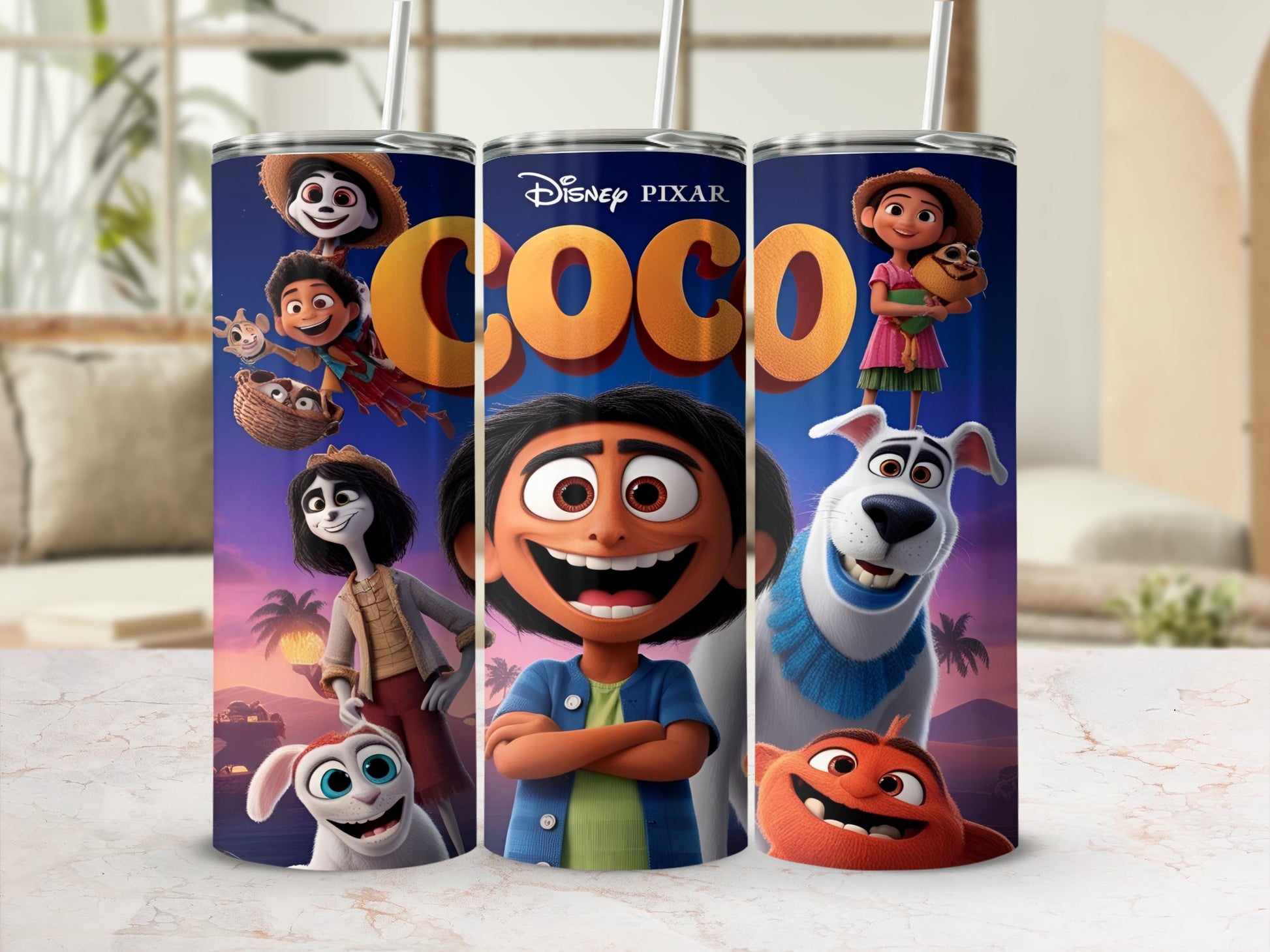 Disney Coco movie characters on a tumbler with straw.