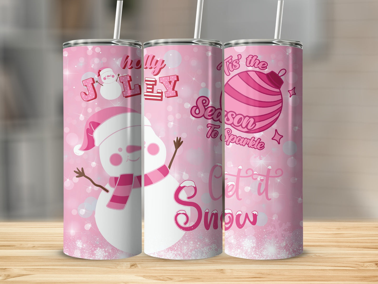 Pink Festive Holiday Drinkware with Snowman Design