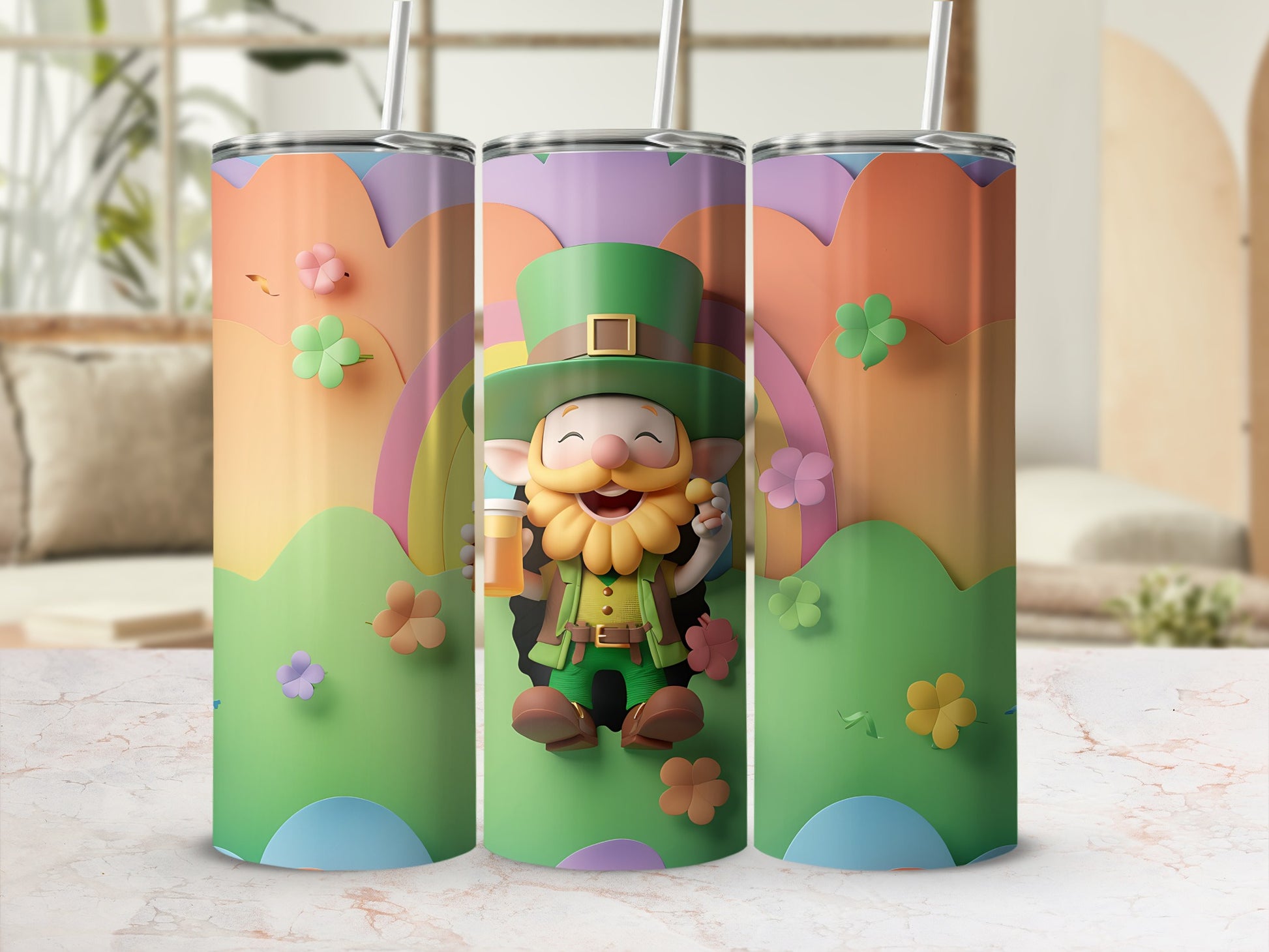 Leprechaun with rainbow and shamrocks on a tumbler.