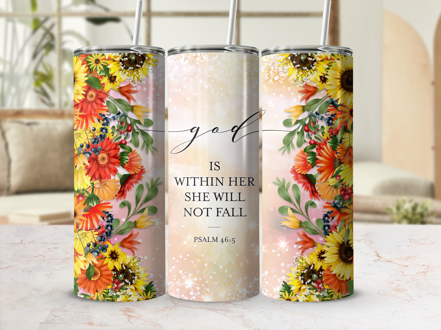 Sunflower floral tumbler with text "God is within her she will not fall".