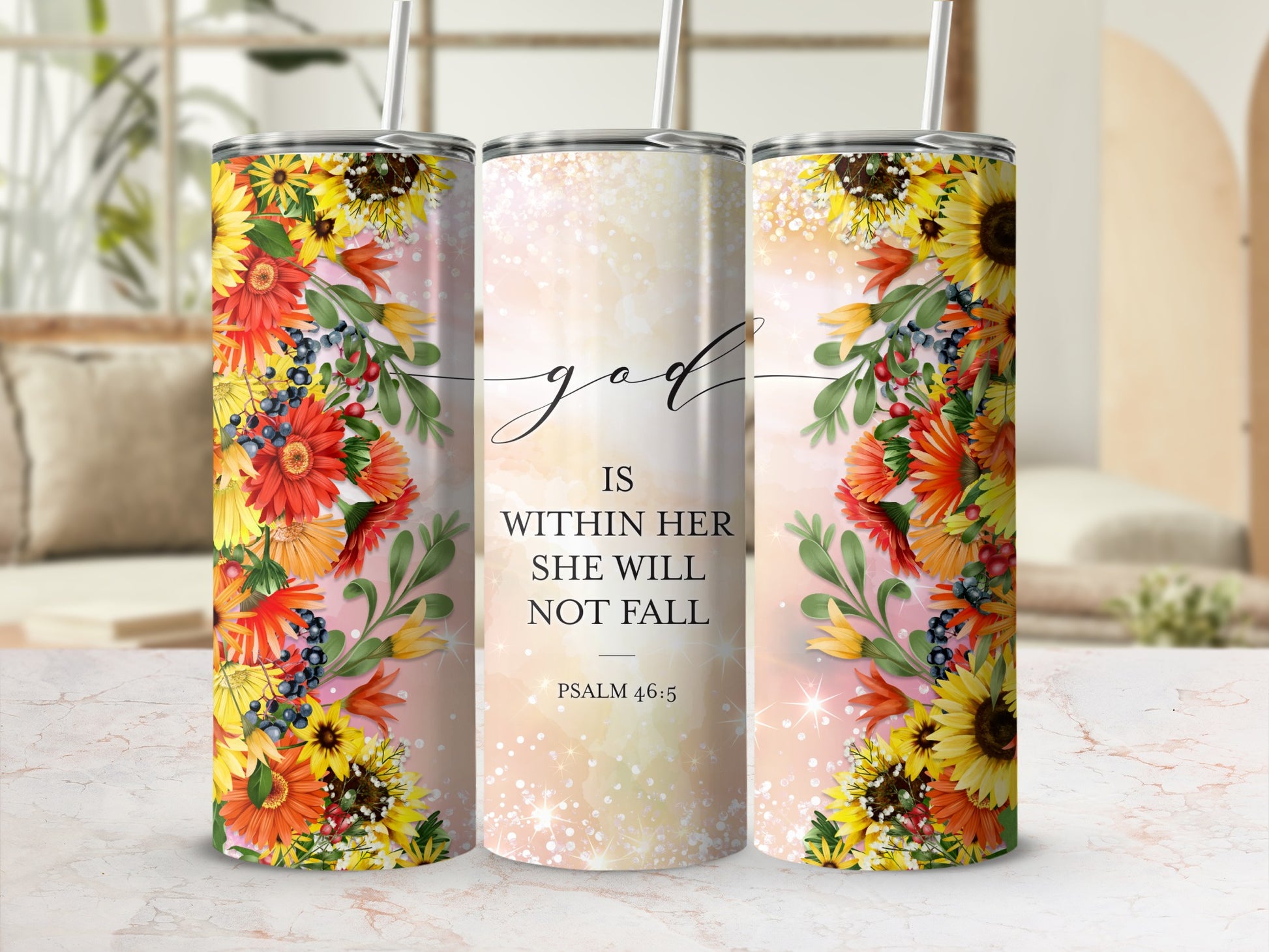 Sunflower floral tumbler with text "God is within her she will not fall".