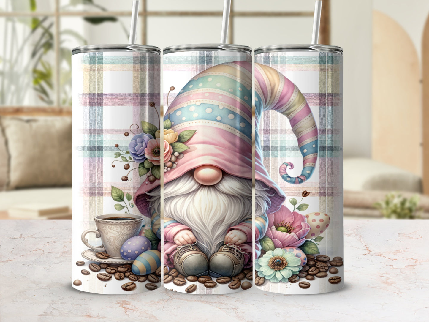 Gnome with pastel striped hat, coffee cup, and Easter eggs on coffee beans.