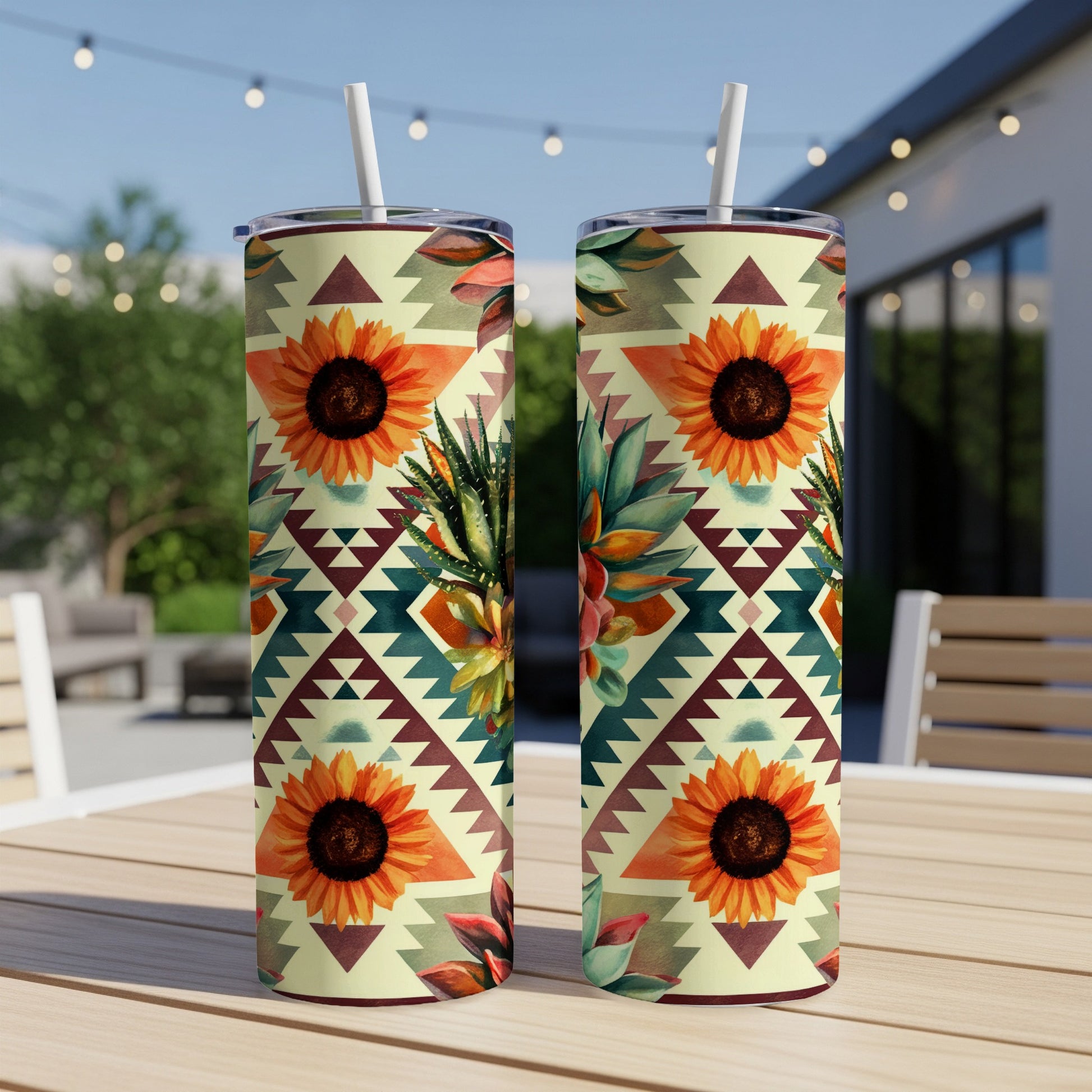 Two tumblers with sunflowers and succulents on geometric patterned background.