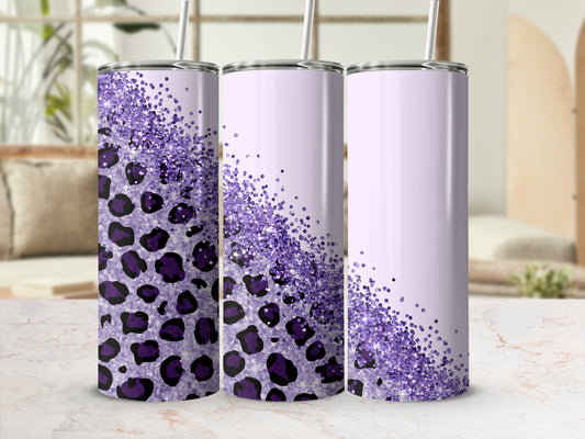 Lavender tumbler with purple leopard print and glitter accents.