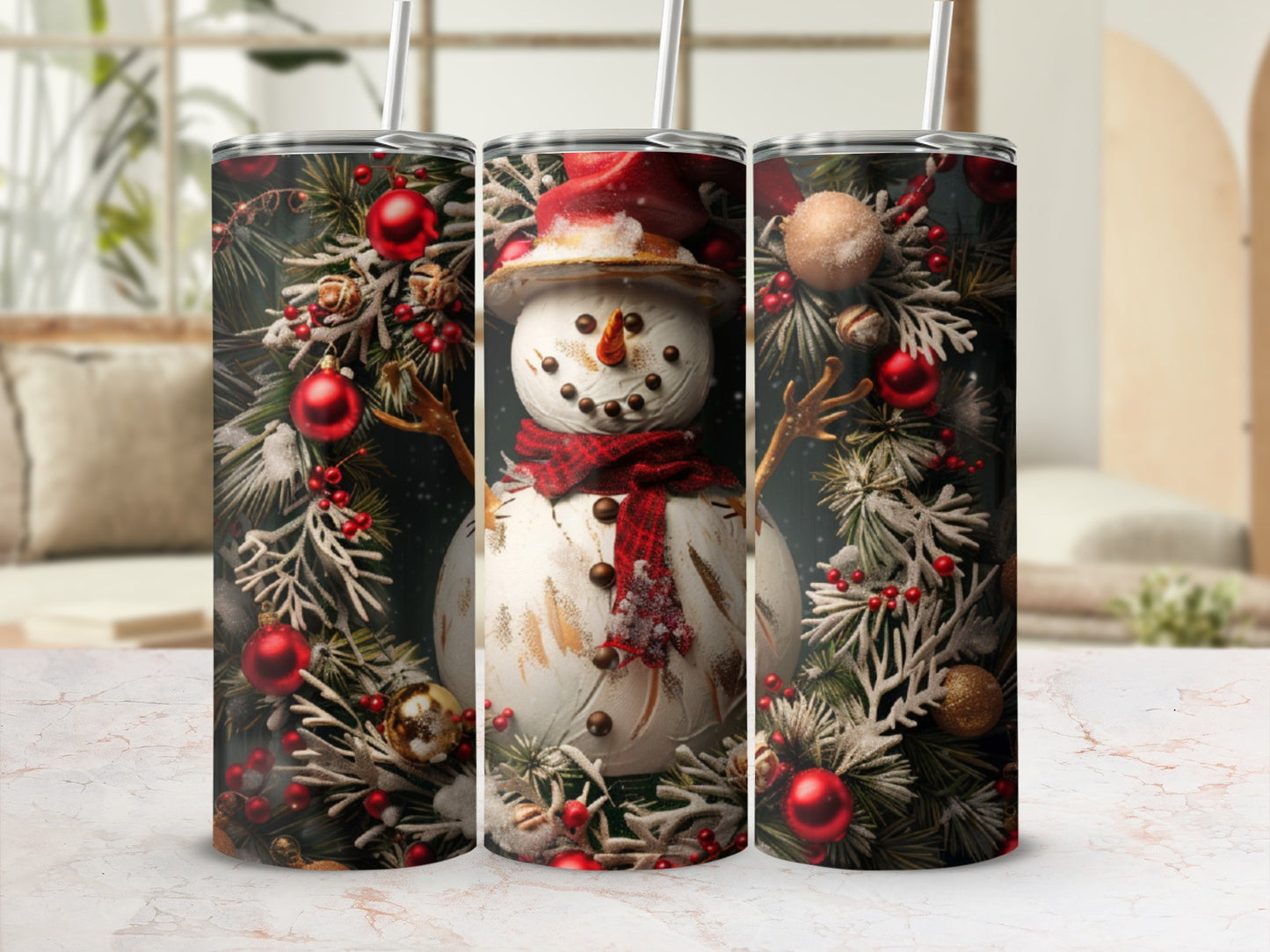 Snowman with red scarf and hat on festive garland background.