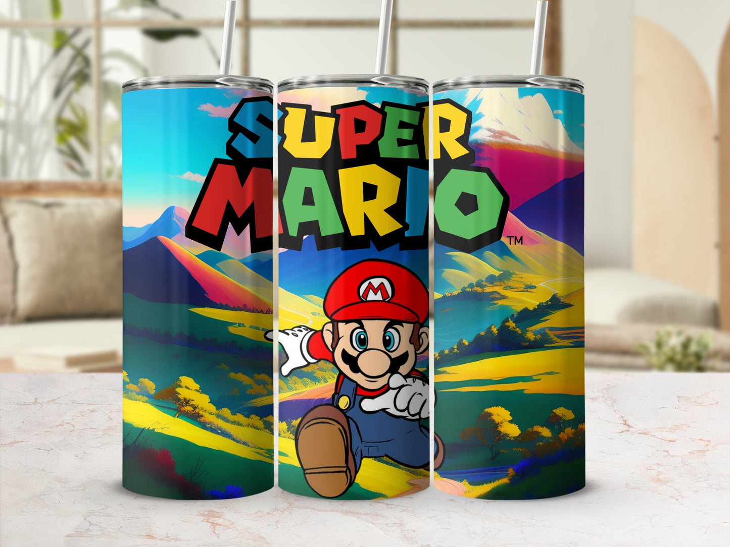 Super Mario Tumbler with Colorful Landscape Design