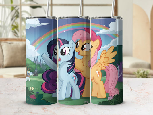 Three My Little Pony tumblers with Rainbow Dash and Fluttershy in a meadow.