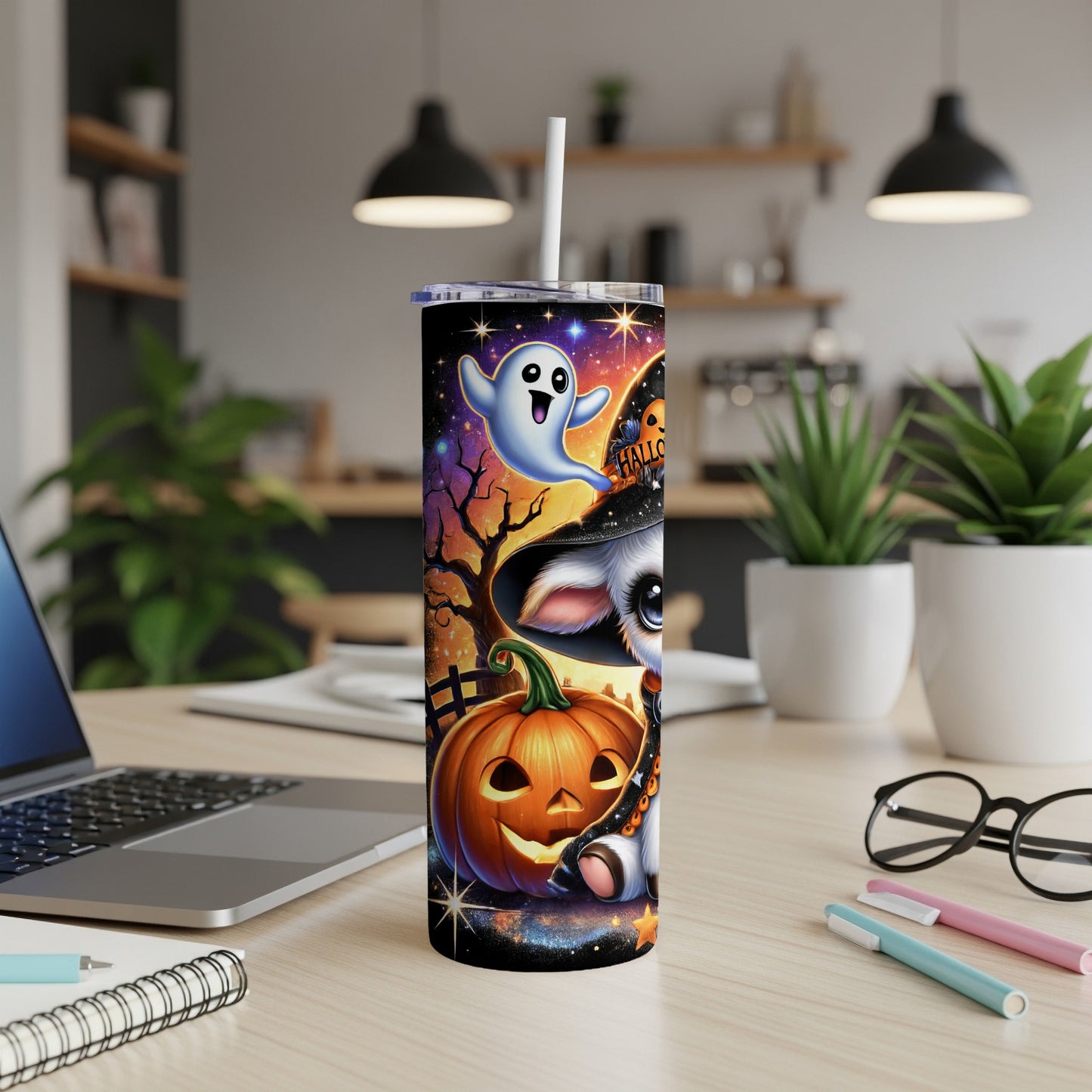 Cute cartoon ghost, witch hat, and bunny on a Halloween tumbler.