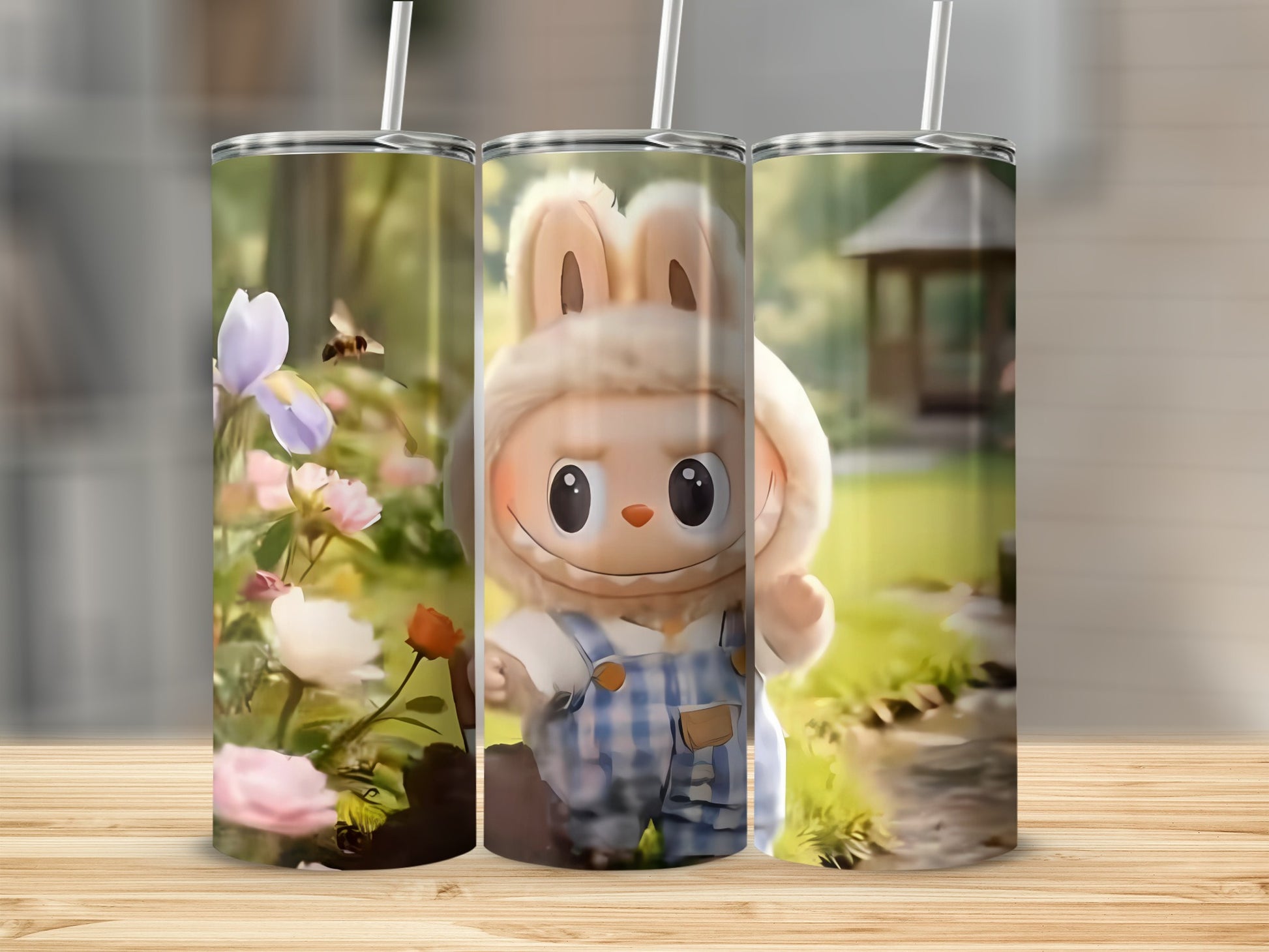Cute Bunny in Overalls Garden Scene Tumbler