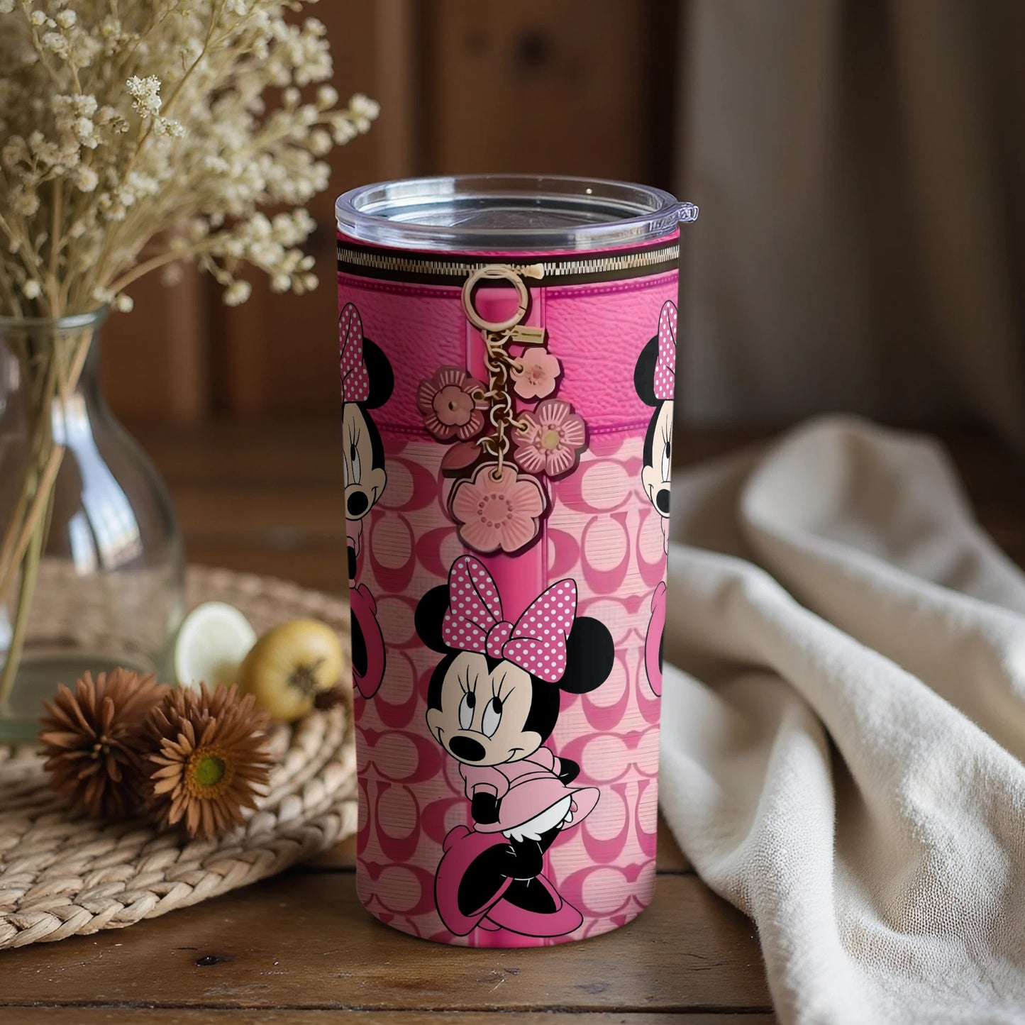 Pink Minnie Mouse Tumbler with Floral Design