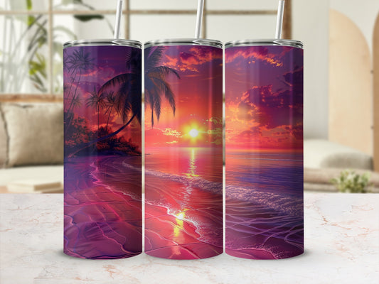 Three tumblers showing a vibrant beach sunset with palm trees.
